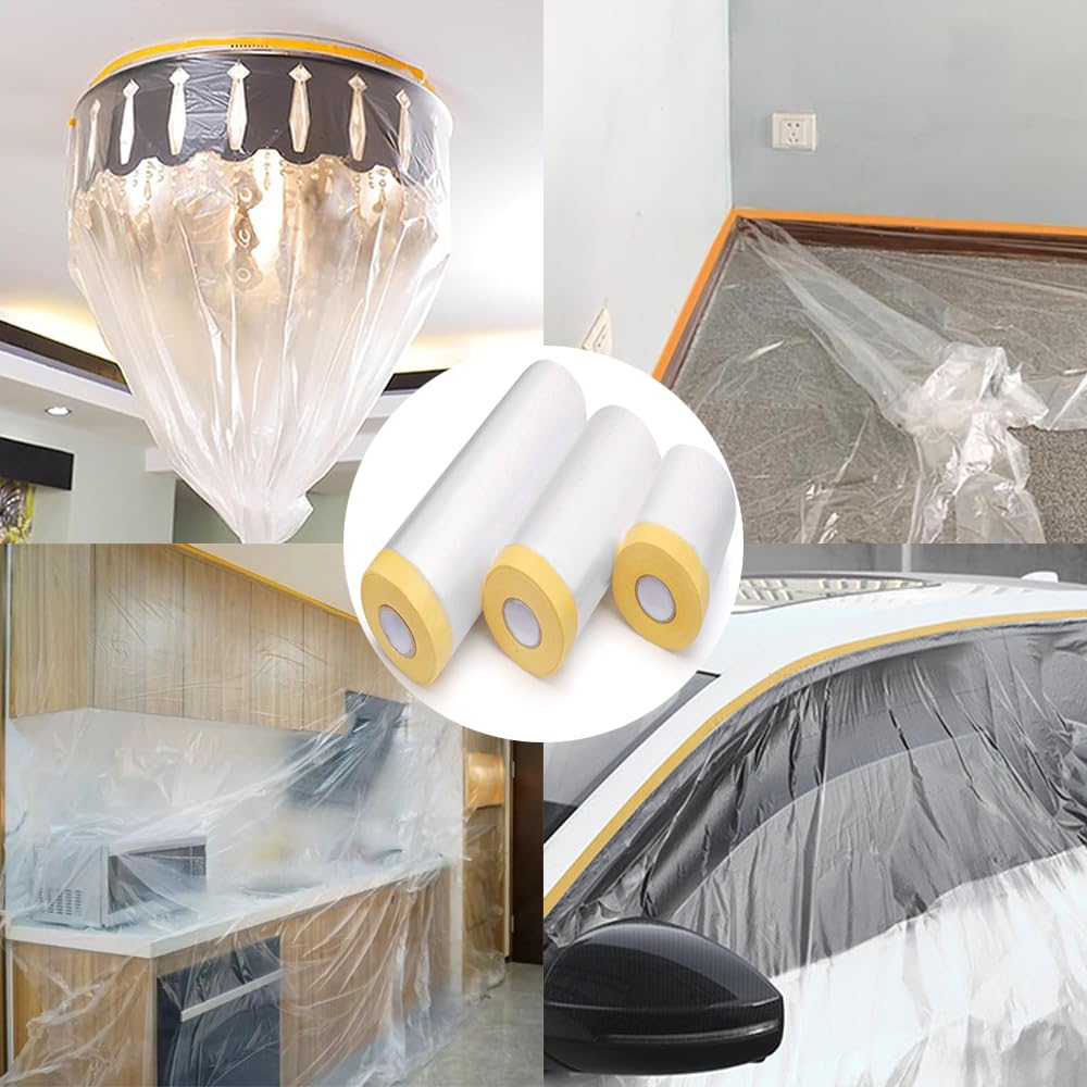 Pre-Taped Masking Film-70inx65ft Tape and Drape Painters Plastic Rolls, Plastic Painting Film for Automotive Painting Covering,Protective Drop Film for Furniture, Car, Floor (2rolls, 70in×65ft)