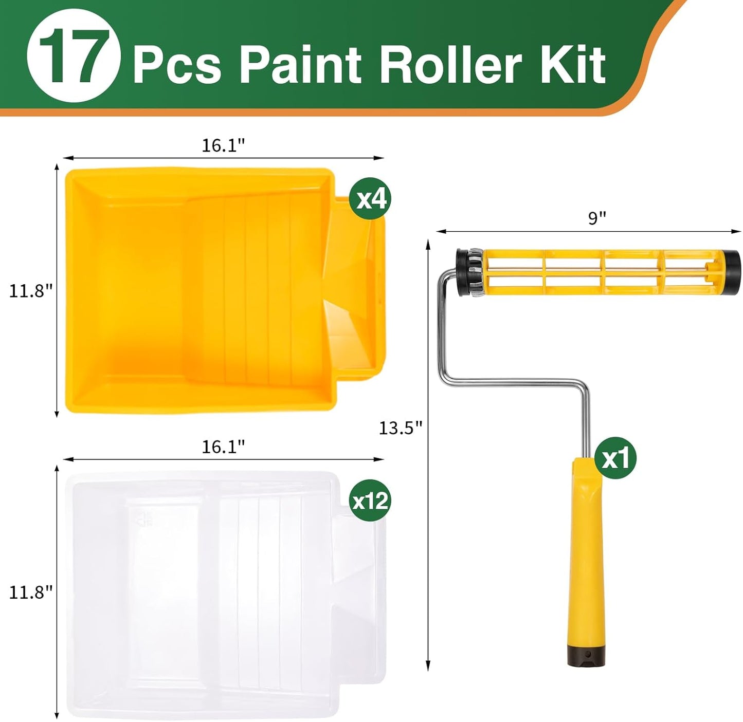 VOOMEY 9 Inch Foot-Operated Paint Tray,Paint Roller Frame,12 Pcs Paint Tray Liner with 4 Set Paint Roller Trays,House Painting Supplies