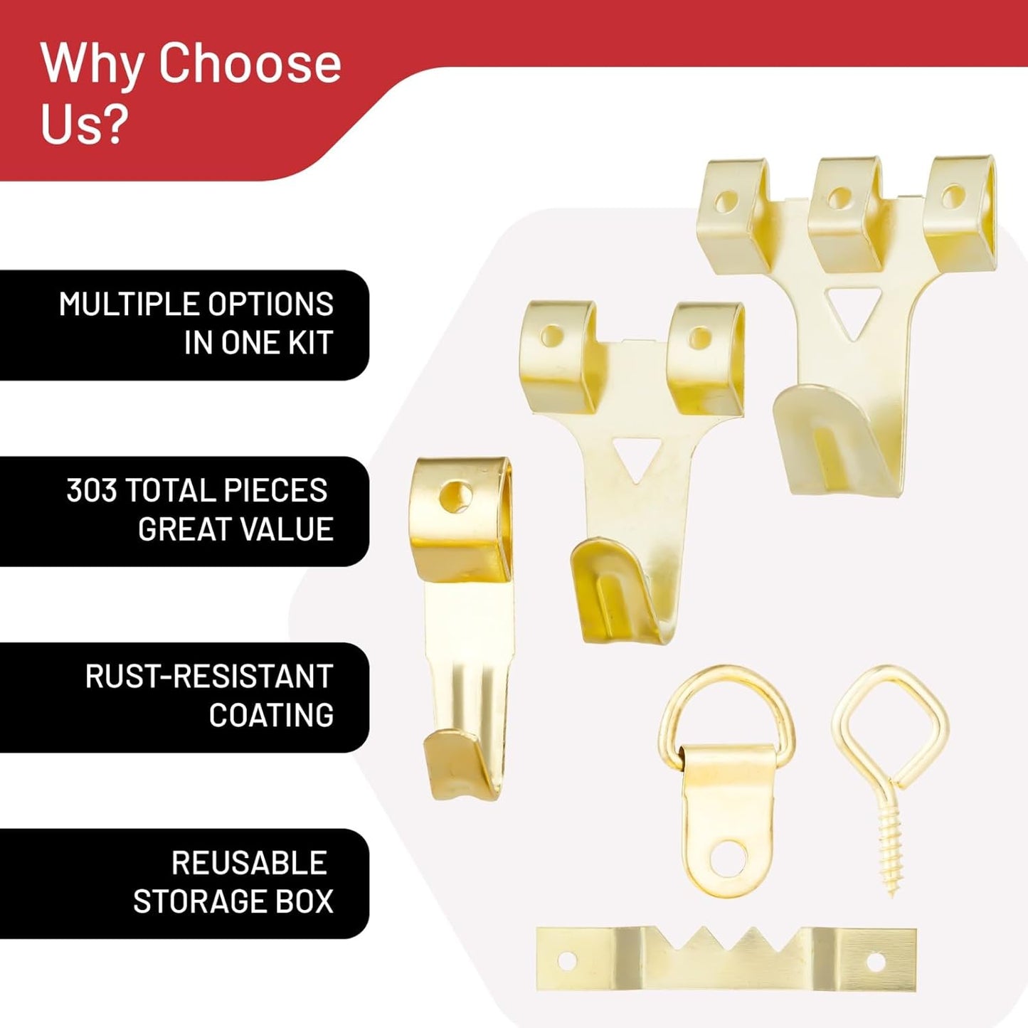 303-Piece Picture Hanging Assortment, Heavy Duty Hooks, Nails, Sawtooth, D-Rings, Wire, Level, and Metal Wall Hooks for Picture Framing and Canvas Mounting (Gold)