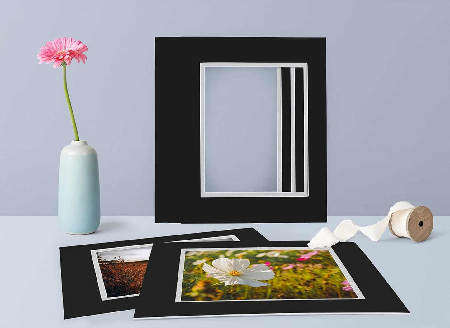 Golden State Art, 11x14 Double Mats for 8x10 - for Photos, Pictures, Frames - Acid-Free, 5 Pack, Black Over Silver