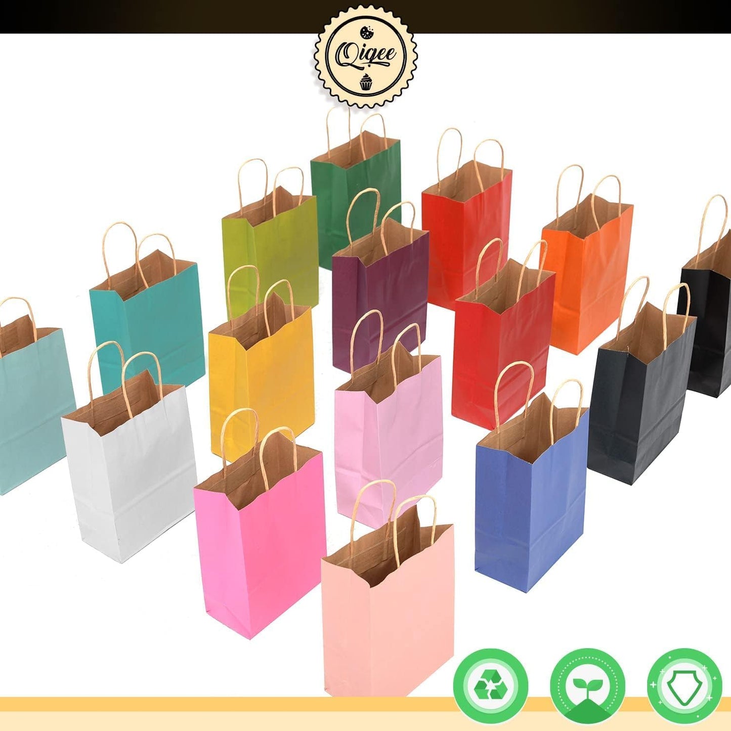 qiqee 32-Packs Paper Bags with Handles Bulk 7.6"x4.75"x10.5" Medium Gift Bags 16 Different Senior Color Bags Multiple Uses(Medium Size)