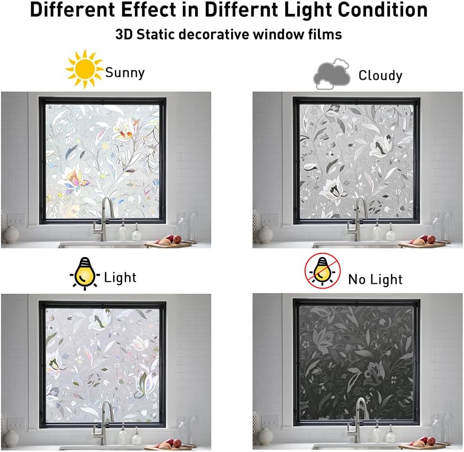 NINETREX Window Privacy Film,3D Stained Glass Window Film,Decorative Window Covering Sun Blocking Vinyl Static Cling Anti-UV Heat Control for Home Decor,Tulip 17.5 x 118.1inch