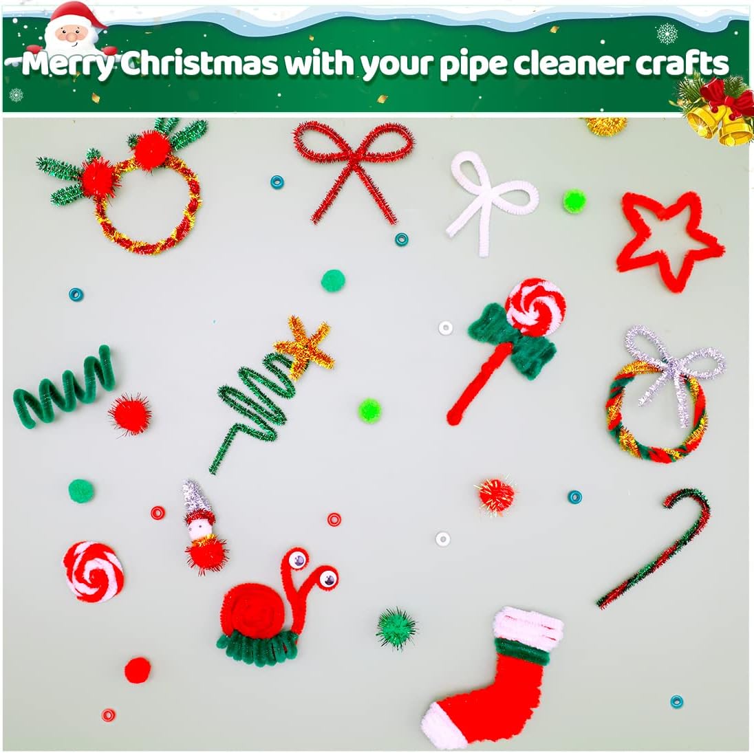 Iooleem 200pcs Green Glitter Pipe Cleaners, Glitter Chenille Stems, Pipe Cleaners for Crafts, Pipe Cleaner Crafts, Art and Craft Supplies, Christmas Pipe Cleaners.
