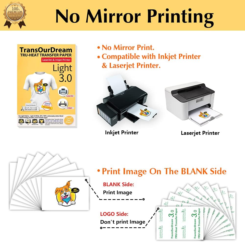 TransOurDream Tru-Heat Transfer Paper for T Shirts (Light 3.0, 15 Sheets, 8.5x11") Printable HTV Heat Transfer Vinyl for Inkjet & Laser Printer Iron on Transfers for Light Fabrics (TRANS-L3-15-3)