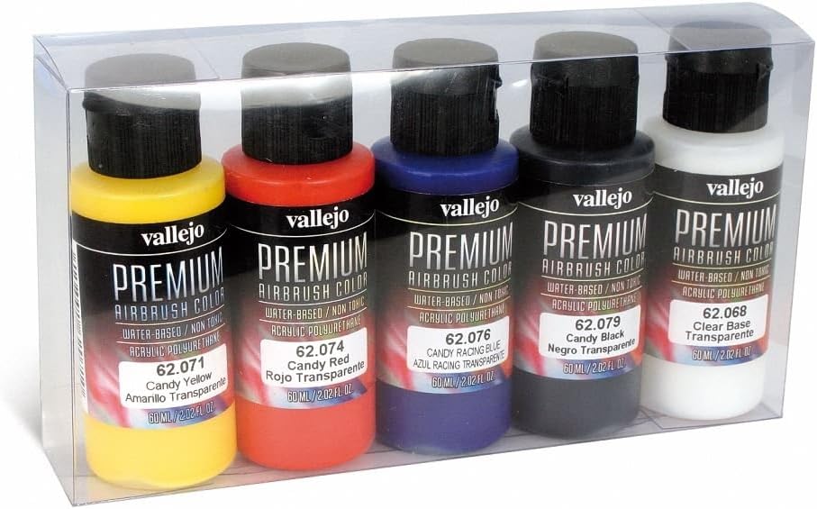 Vallejo - Premium Color Set Candy Colors | Water-Based Multi-Surface Pigments | Transparent Finish | Acrylic Professional Airbrushing Kit | 5 Bottles x 60 ml. (2.02 fl.oz.)