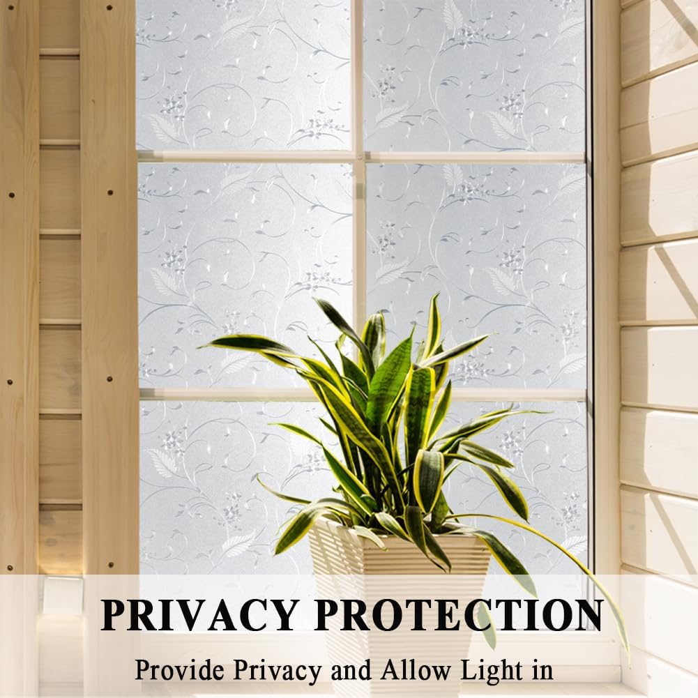 Mikomer Privacy Window Film Etched Flowers Static Cling Glass Door Film, Non Adhesive Heat Control Anti UV Window Cling for Office and Home Decoration,23.6 inches by 78.7 inches