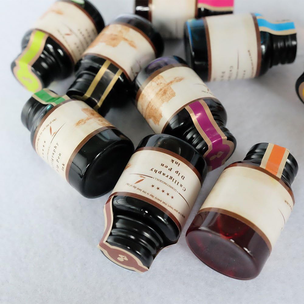 GC QUILL Dip Pen Ink, 10 Colors Fountain Dip Pen Ink Set Non-Carbon Drawing Writing Art Craft Dip Inks Bottles, 20cc Bottle 10 Colors Set LL-710