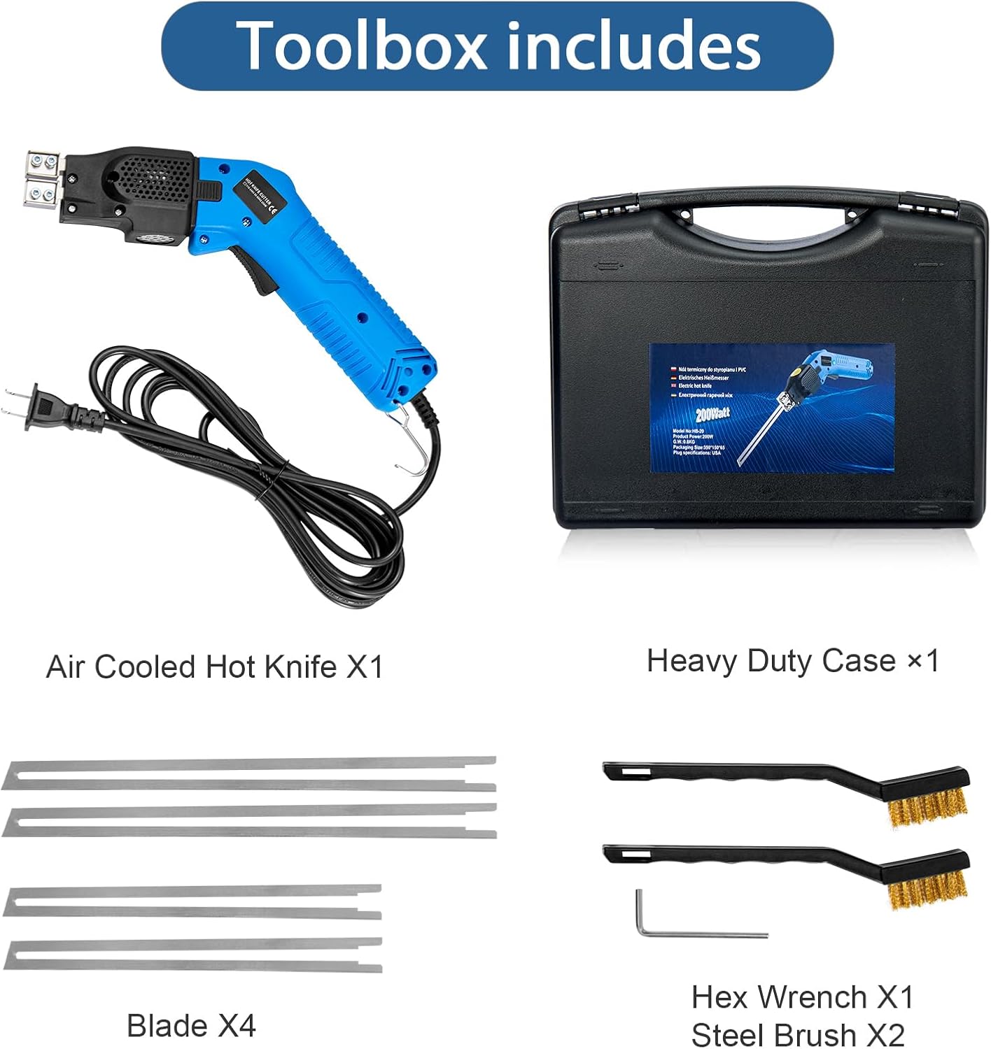 Toemics Electric Hot Knife Foam Cutter โ 200W Styrofoam Cutting Tool, 4 Adjustable 50-500ยฐC Blades for Polystyrene, Sponge, Crafts, and Insulation (Blue)