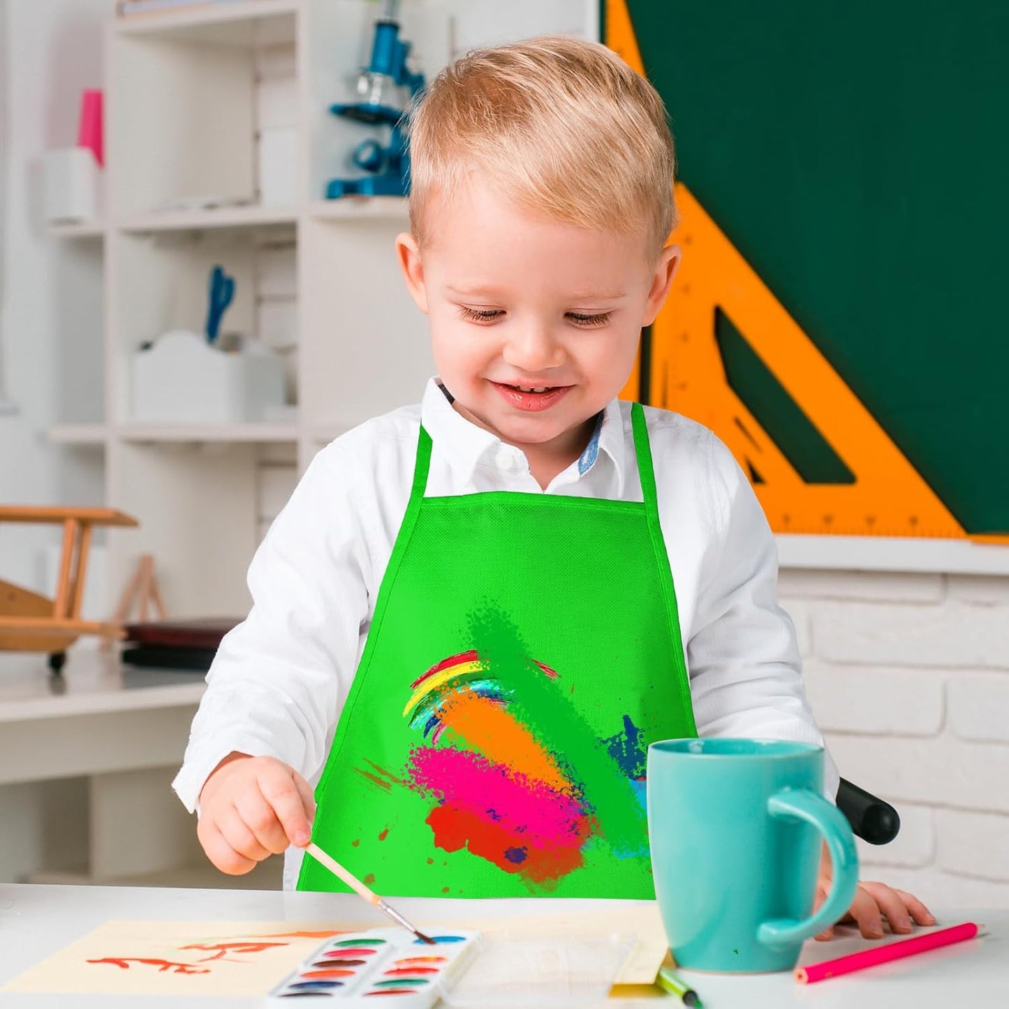 12 Pieces Green Kids Painting Aprons With 2 Roomy Pockets for Art, Activity, Kitchen, and Crafts