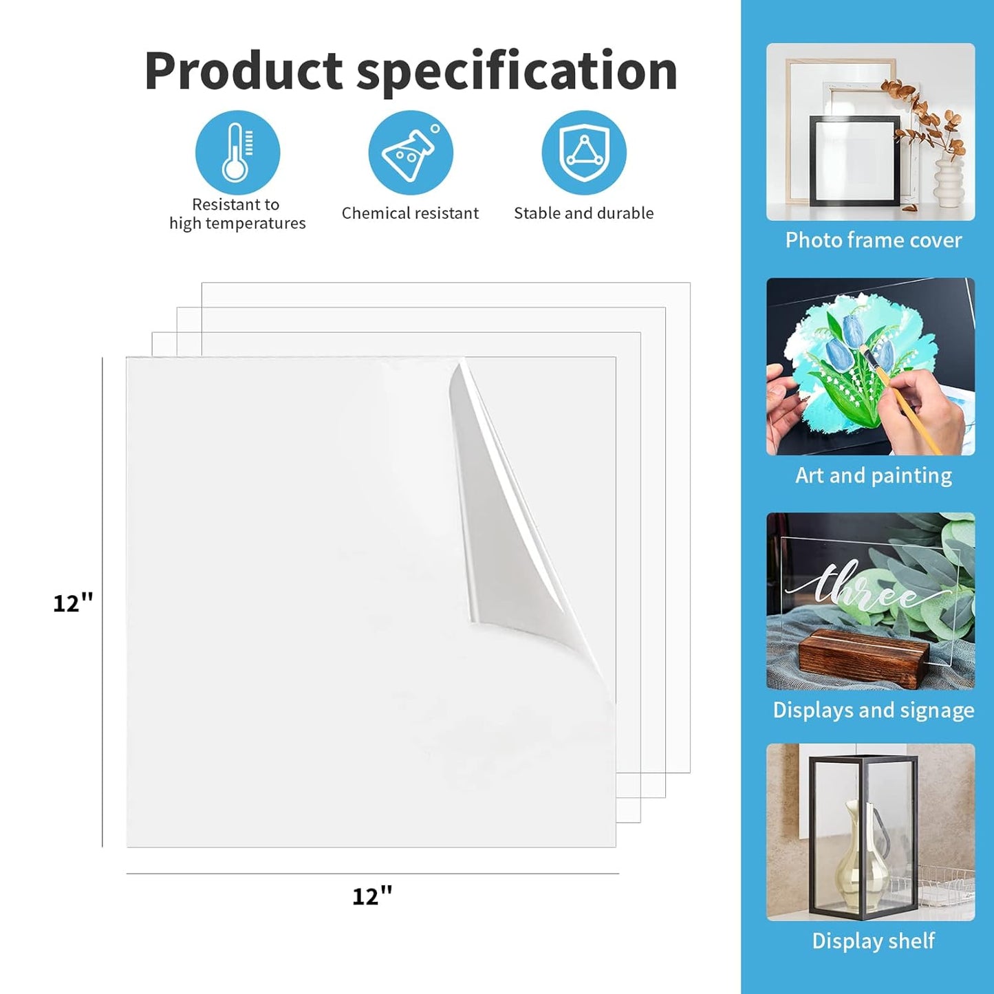Art3d 5-Pack of 12ร12" PET/Plexiglass Sheets, Transparent Clear Flexible Plastic Sheet Panels for Craft, Picture Frames, Sign Blank, DIY Display Project