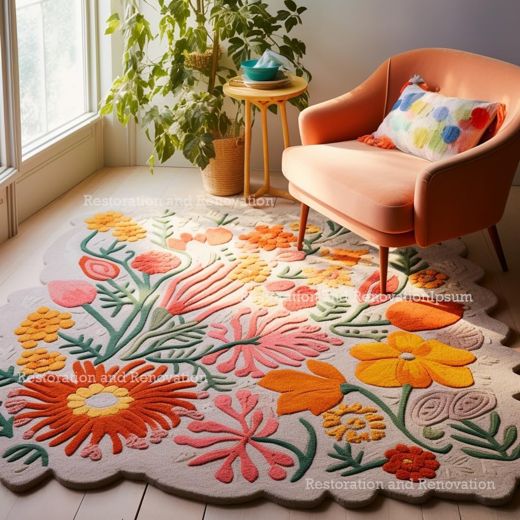 Handmade Wool Floral Area Rug for Living Room | Elegant Flower Garden Design, Soft, Thick and Durable | Bedroom, Dining Room & Home Decor Carpet (4' x 6', Floral C)