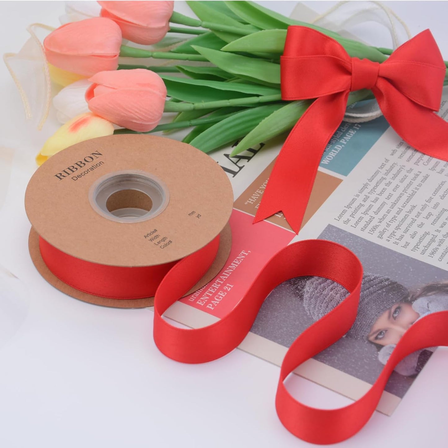 Double Side Satin Ribbon, Continuous 20 Yards,Use for Craft Bows Bouquet, Gift Wrapping, Wedding Decoration, Floral Arrangement (Red, 5/8 inch)
