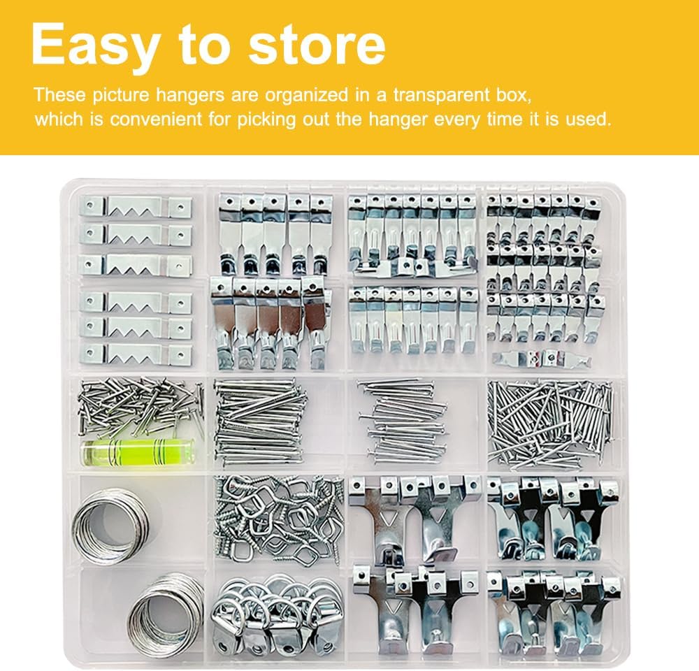 330pc Picture Hanging Kit - Wall Hangers, Nails, Wire, Screw Eyes, D Rings & Tool for Frame & Canvas Mounting