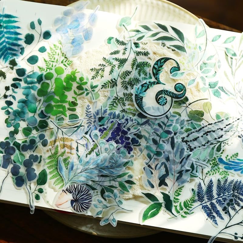 Vintage Vellum Stickers Floral Plants Elements Scrapbooking Supplies Flowers Botanic Natural Translucent Paper Self-Adhesive Junk-Journal Items (Eucalyptus)