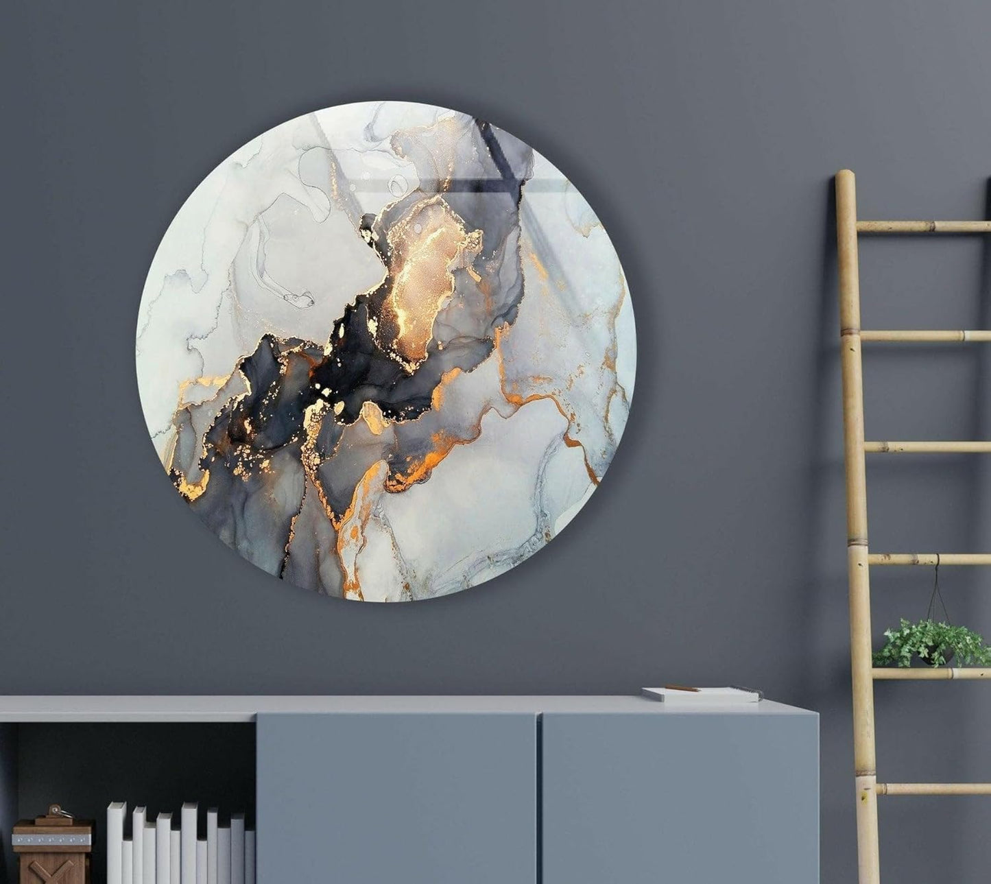 My Photostation.com 31.5''(80cm) Diameter Gold Details Gray Marble Round Glass Wall Art Tempered Glass Printing Wall Decor Large Wall Art Wall Hangings