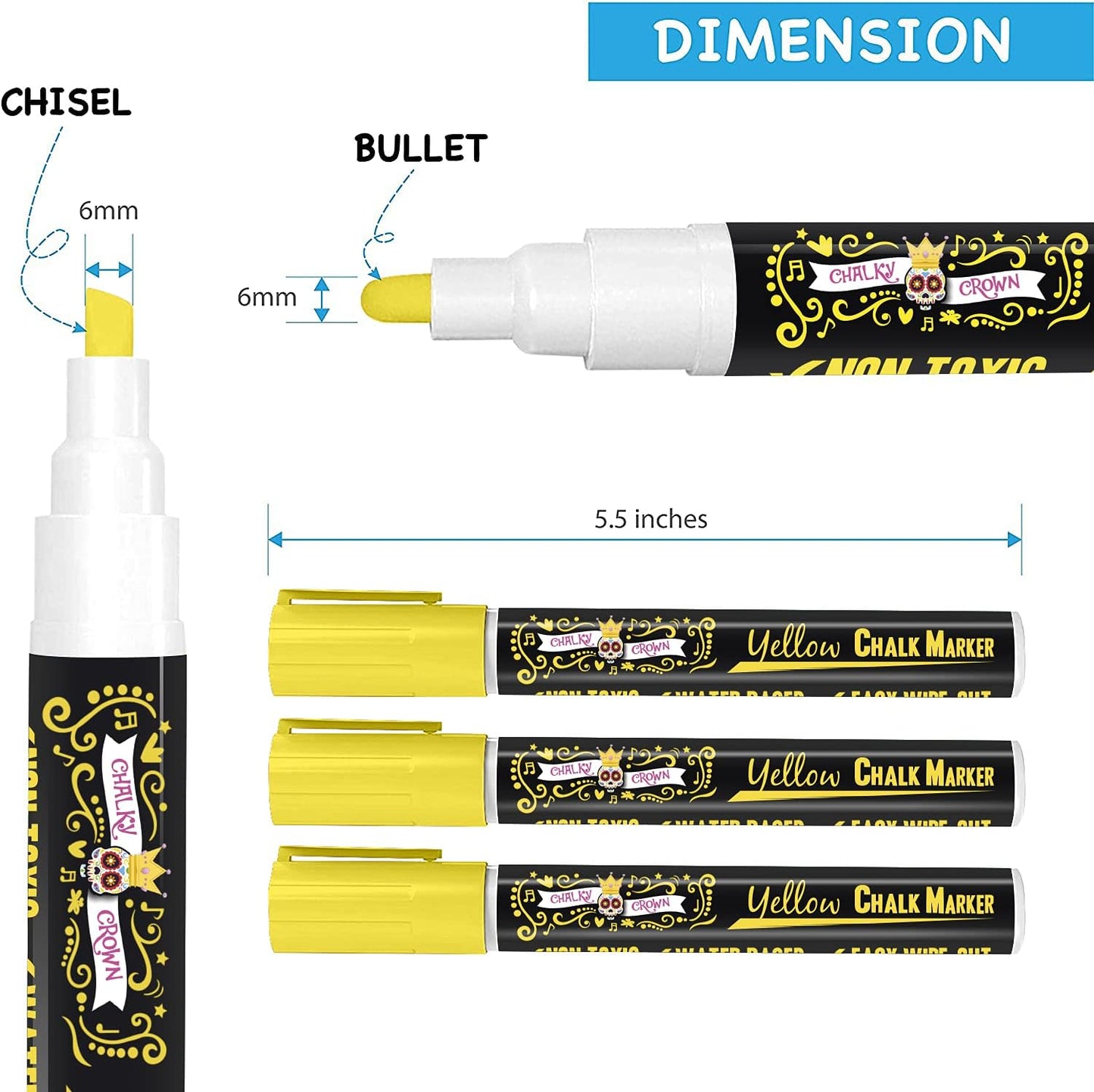 CHALKY CROWN Liquid Chalk Marker Pen - Dry Erase Marker - Chalk Markers for Chalkboard Signs, Windows, Blackboard, Glass - 6mm Reversible Tip (Yellow, 5 Pack)