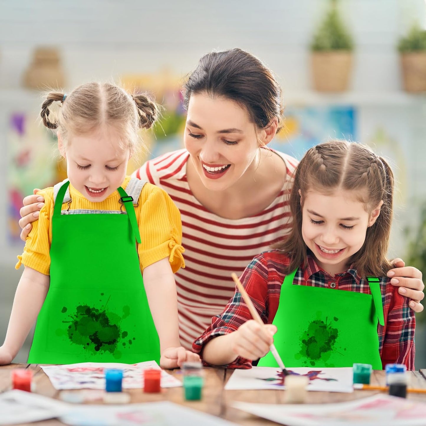 12 Pack Kids Apron Bulk with 2 Pockets Adjustable Chef Art Apron Kids Painting Aprons for Cooking Baking Painting Crafting Grilling Activity(Green)