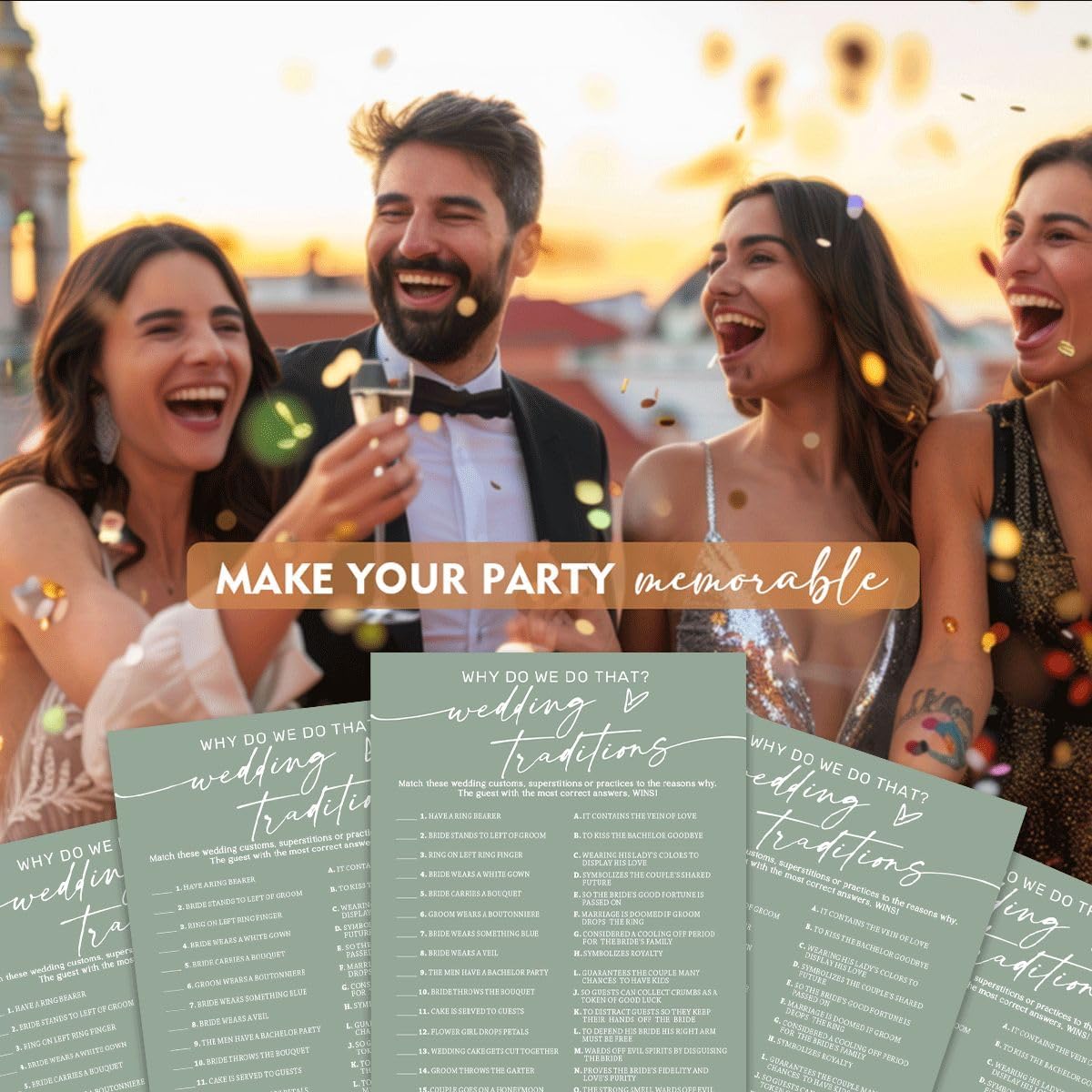 Bridal Shower Games Cards, Wedding Traditions Why Do We Do That, 25 Game Cards with 1 Answer Card, Engagement Party Wedding Games for Guests, Minimalist Green Wedding Party Supplies - C08