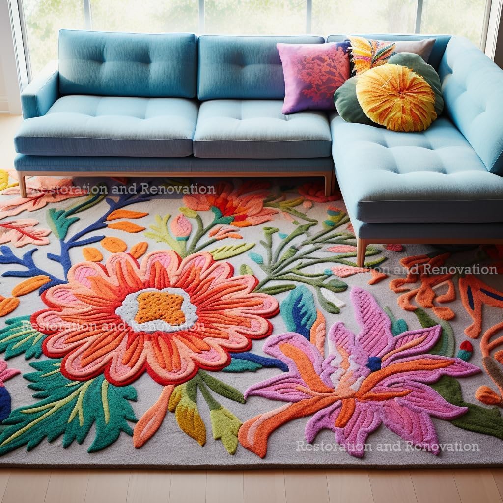 Handmade Wool Floral Area Rug for Living Room | Elegant Flower Garden Design, Soft, Thick and Durable | Bedroom, Dining Room & Home Decor Carpet (7' x 9', Floral I)