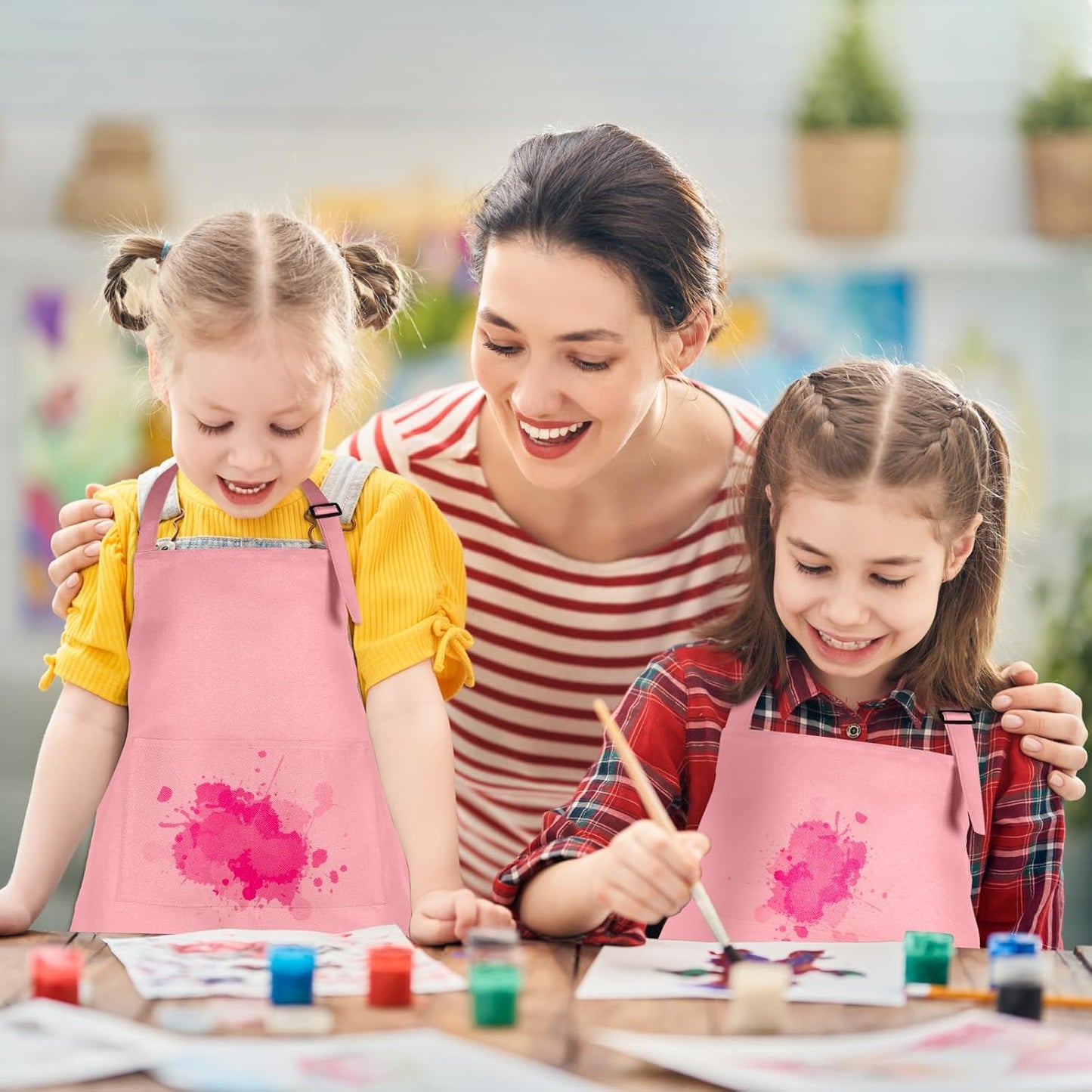 6 Pack Kids Apron Bulk with 2 Pockets Adjustable Chef Art Apron Kids Painting Aprons for Cooking Baking Painting Crafting Grilling Activity(Pink)