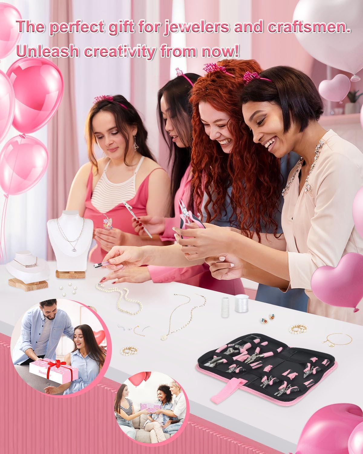 Toolour Jewelry Pliers Set Jeweler Making Tools with 6 Rolls Beading Wire Kit for Jewelry Supplies DIY Hobby Repair Crimping Wrapping,Pink Professional Craft Pliers for Adults Beginner