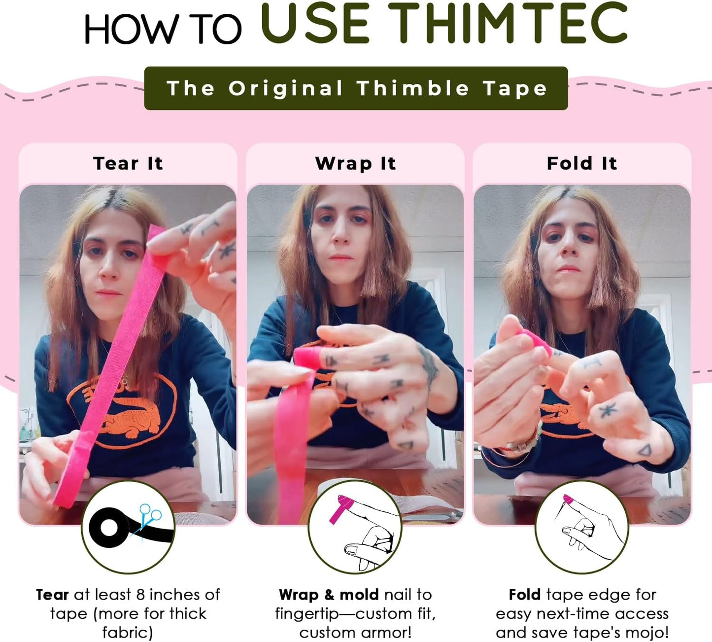 THIMTEC - The Original Thimble Tape for Hand Sewing - Fully Adjustable Nail & Finger Protector - A Smarter Alternative to Classic Knitting Thimbles - Sunshine, 3-Pack