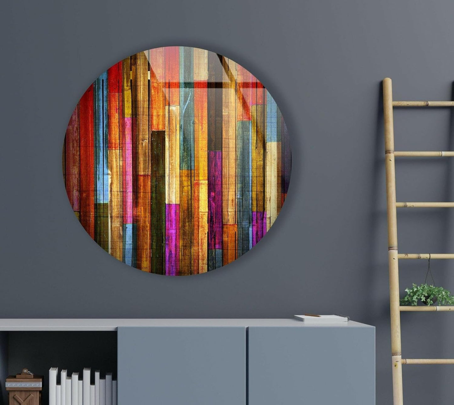 My Photostation.com 27.5''(70cm) Diameter Colorful Wood Pattern Round Glass Wall Art Tempered Glass Printing Wall Decor Large Wall Art Wall Hangings