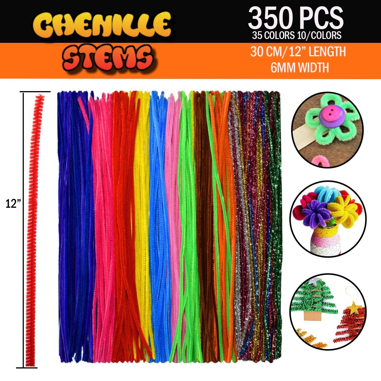 Performore Colorful Pipe Cleaners Craft Set 350-Pack Chenille Stem Wires in 35 Bright Colors 5mm Thick Reusable Twistable Fuzzy Sticks DIY Art Supplies for Kids & Classrooms