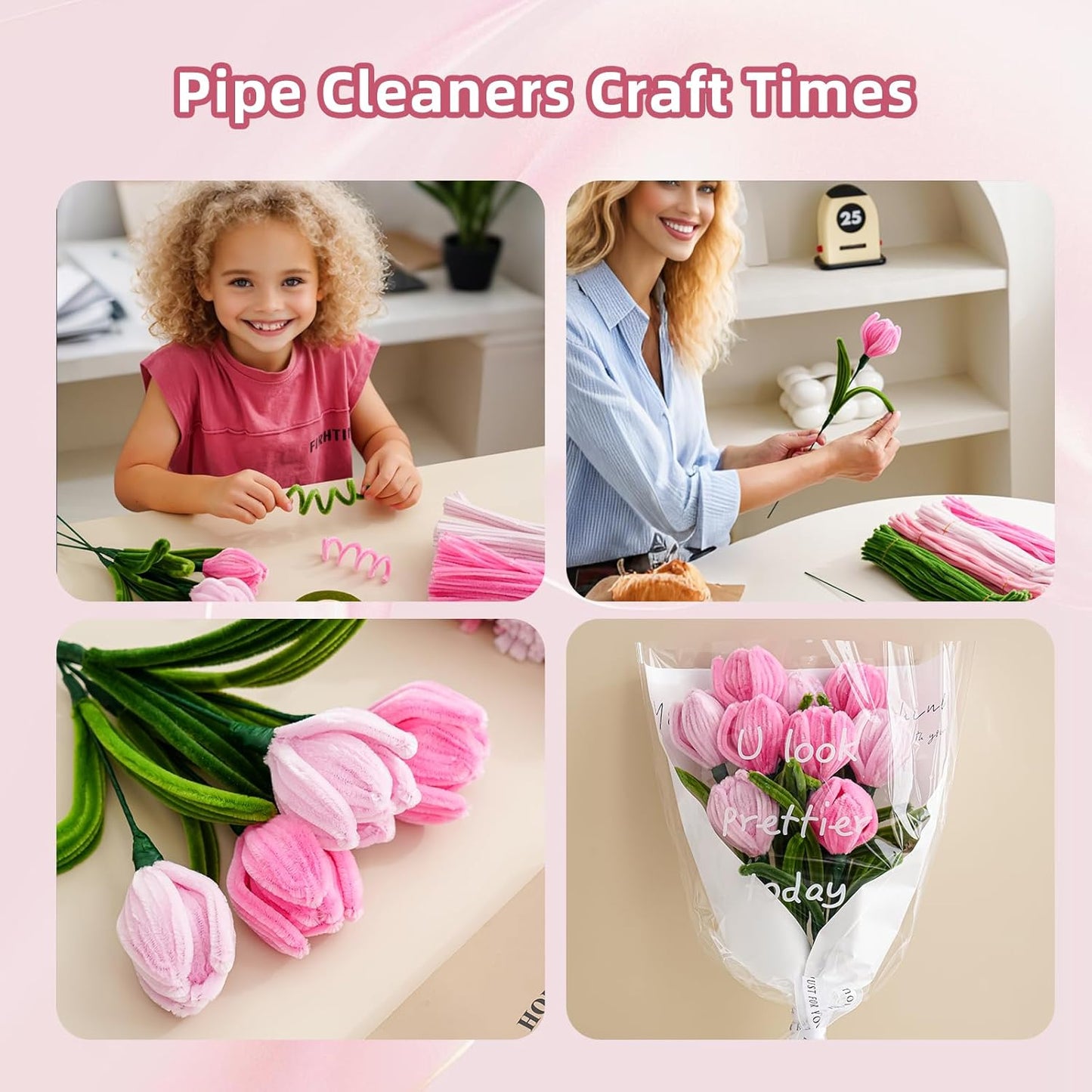 400 Pcs Thick Pipe Cleaners Craft,4 Assorted Colors Pipe Cleaners Bulk,Chenille Stems for DIY Art Project,Pipe Cleaner Flowers Kit(Pink)