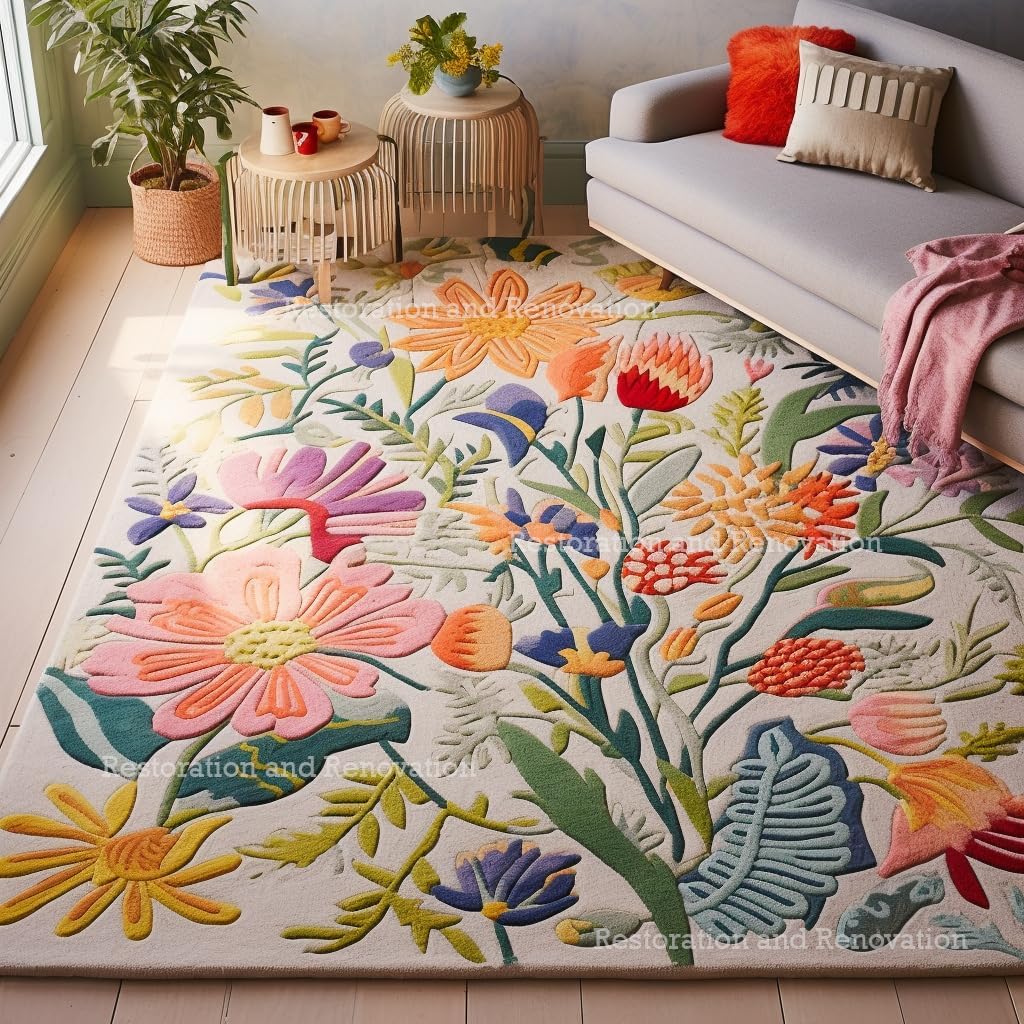 Handmade Wool Floral Area Rug for Living Room | Elegant Flower Garden Design, Soft, Thick and Durable | Bedroom, Dining Room & Home Decor Carpet (2.6' x 8', Floral B)