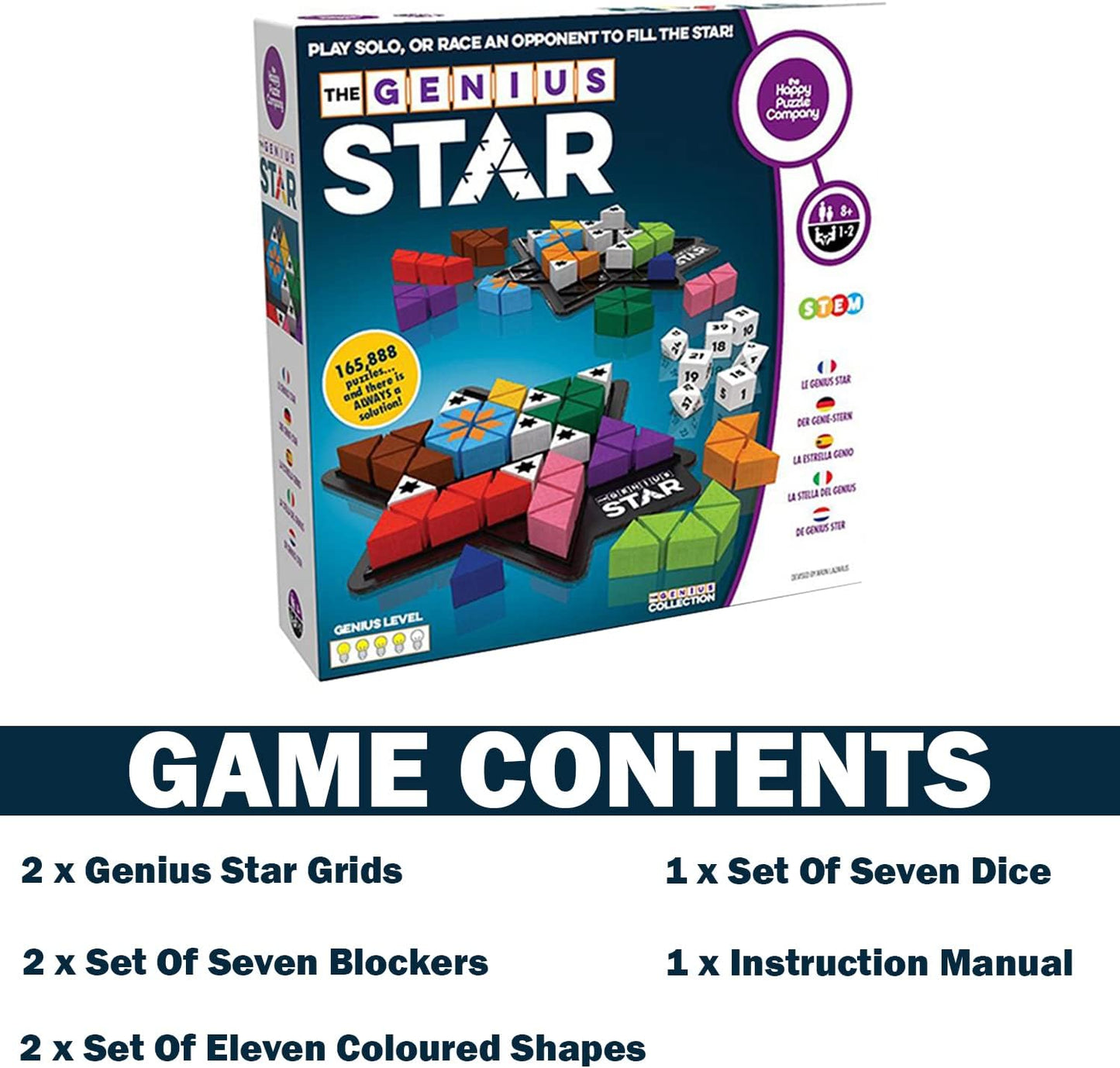 The Happy Puzzle Company The Genius Star | Toy of The Year Award Winning Family Board Game | 165,888 Possible Puzzles | Filling in Colored Shapes | Blockers to Complete A Star | Golden Star Twist