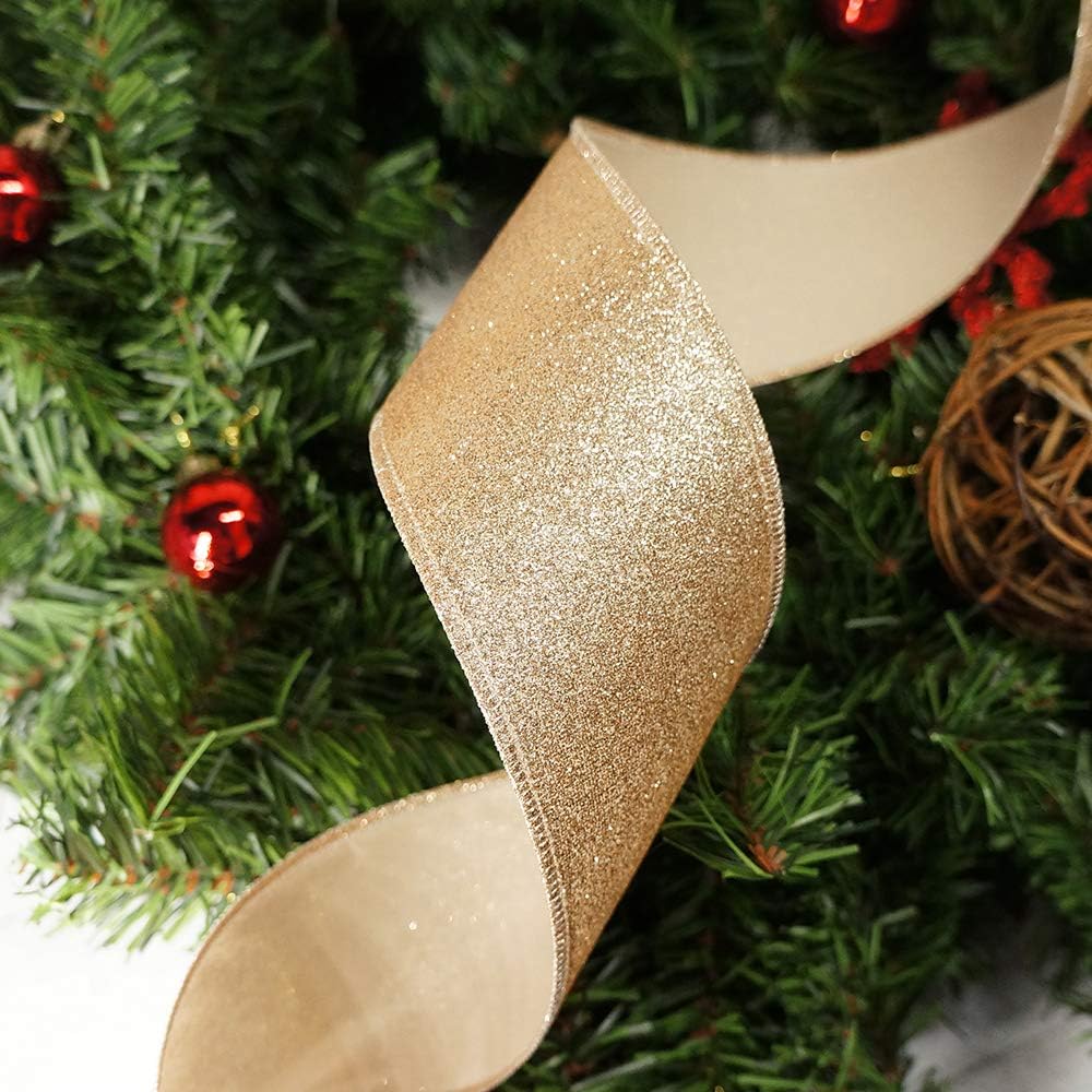 CT CRAFT LLC Glitter Wired Ribbon 2.5" x 10 Yards Gold (Champagne Gold) for Christmas Home Decor Bow Gift Wrapping DIY Crafts Wreath