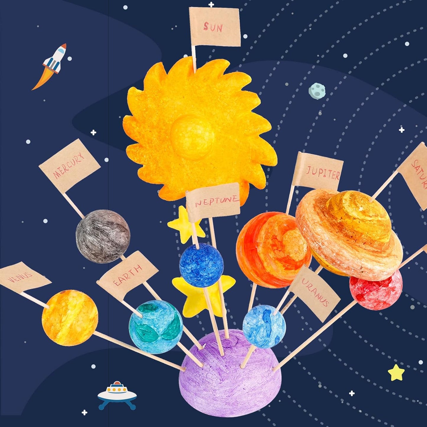 Pllieay 63PCS Solar System Foam Ball Kit Includes Color Pigments, Palette, Mixed Sized Polystyrene Spheres Balls, Toothpick Flag, Painting Brushes, Bamboo Sticks for School Science Projects