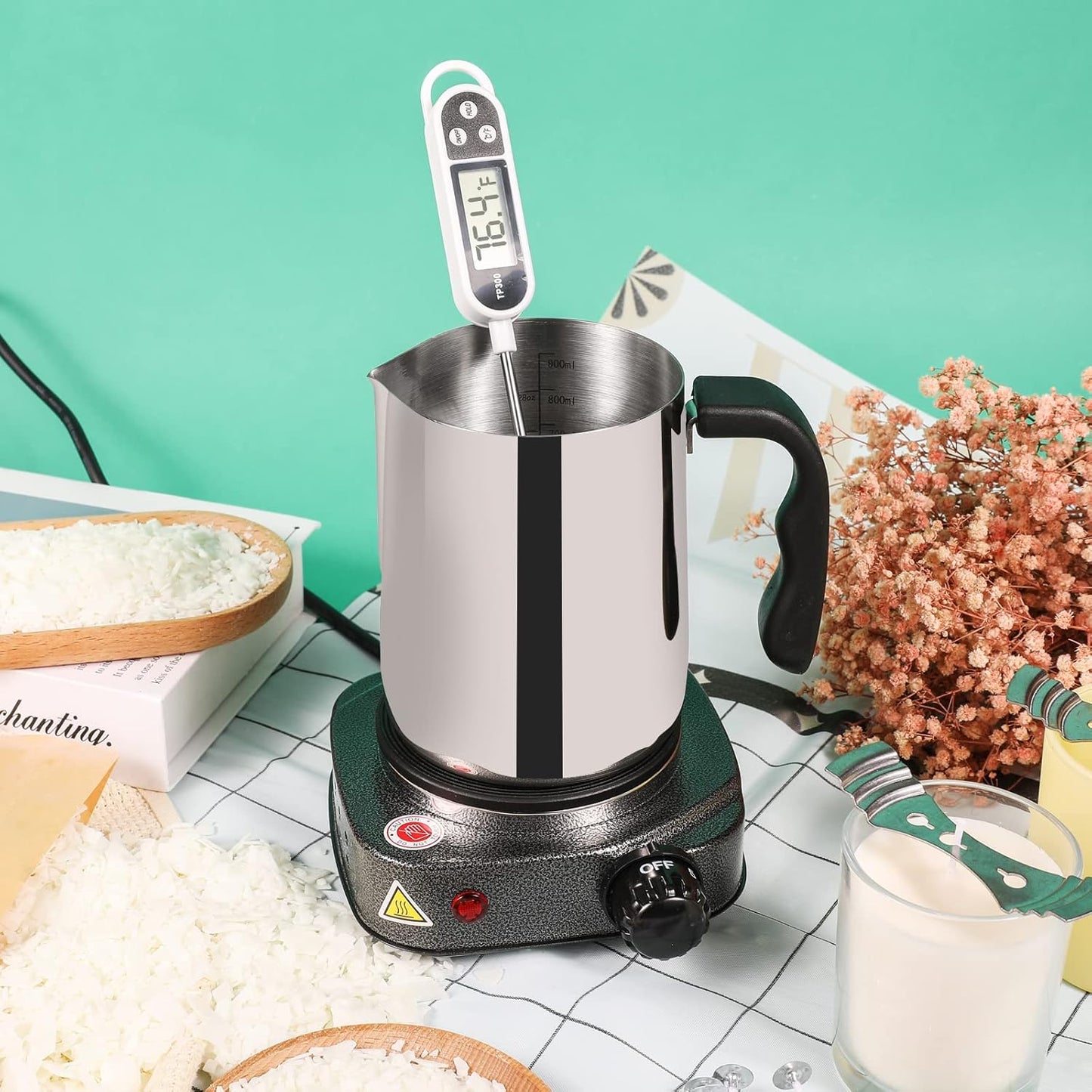 SAEUYVB Candle Making kit with Hot Plate,Candle Making Supplies,Candle Making Kit for Beginners with Melting Pot,Stirring Spoon and Anti-Scalding Pad Perfect Set Gift(Silver Gray)