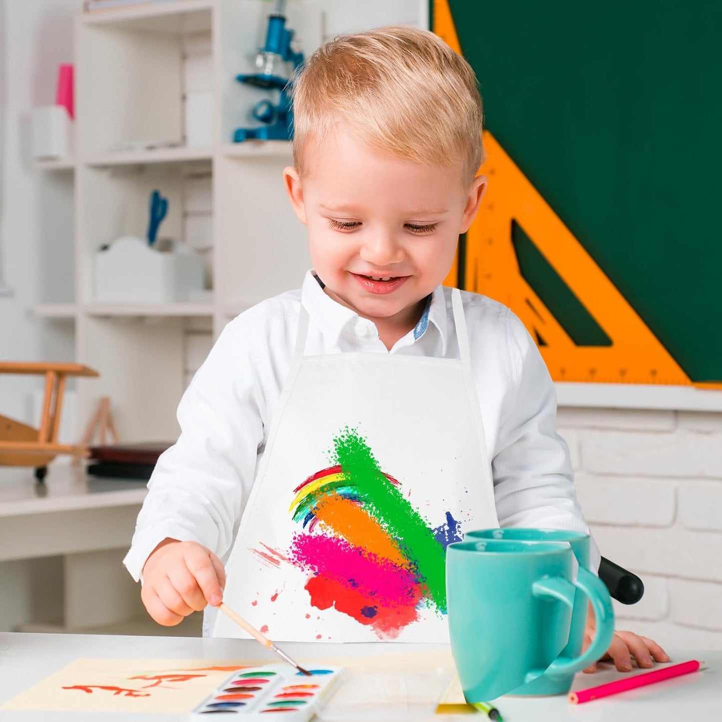 12 Pieces White Kids Painting Aprons Kid Art Apron with 2 Roomy Pockets Kids Aprons for Painting Activity Kitchen Crafts