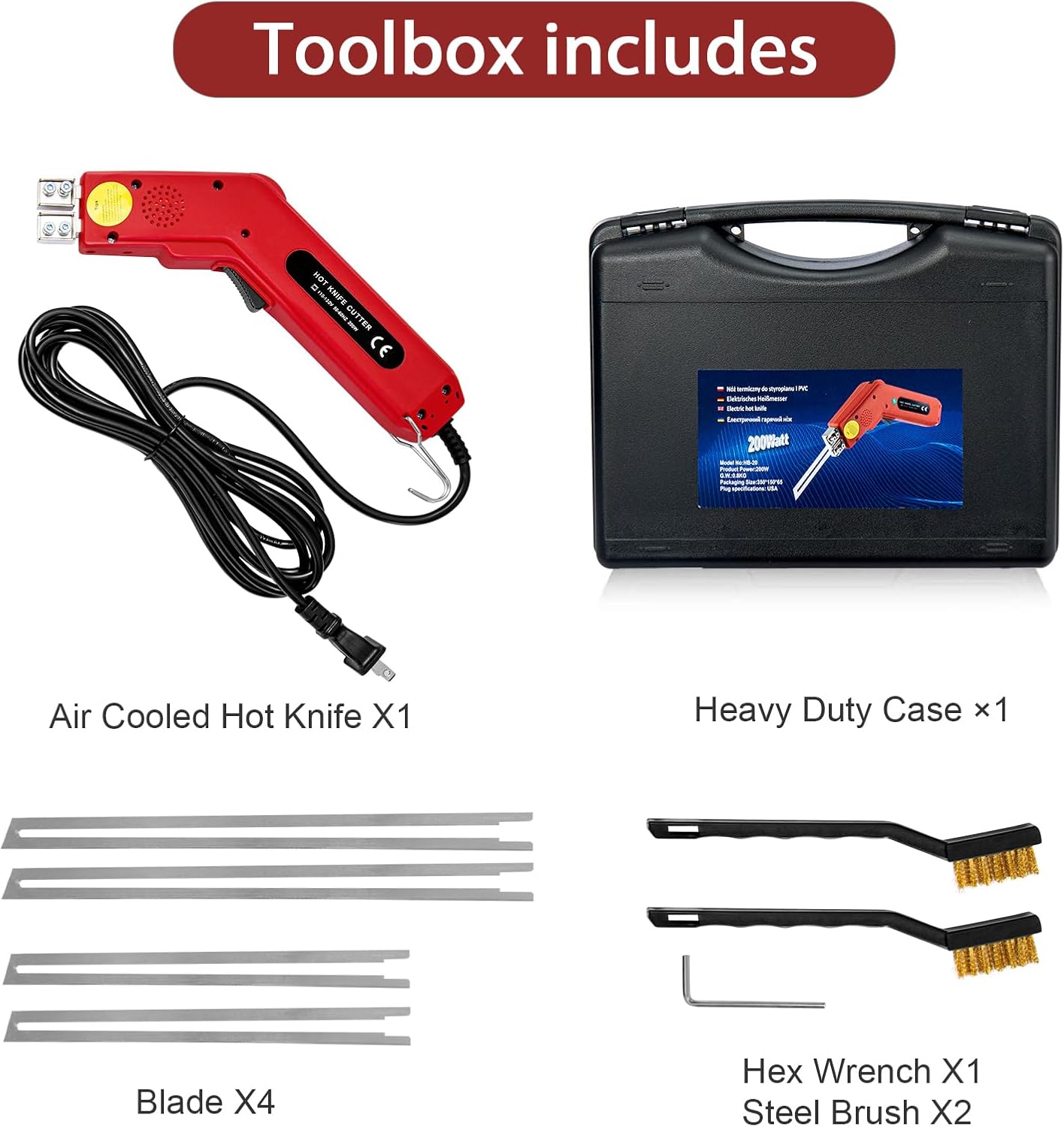 Toemics Electric Hot Knife Foam Cutter โ 200W Styrofoam Cutting Tool, 4 Adjustable 50-500ยฐC Blades for Polystyrene, Sponge, Crafts, and Insulation (Red)