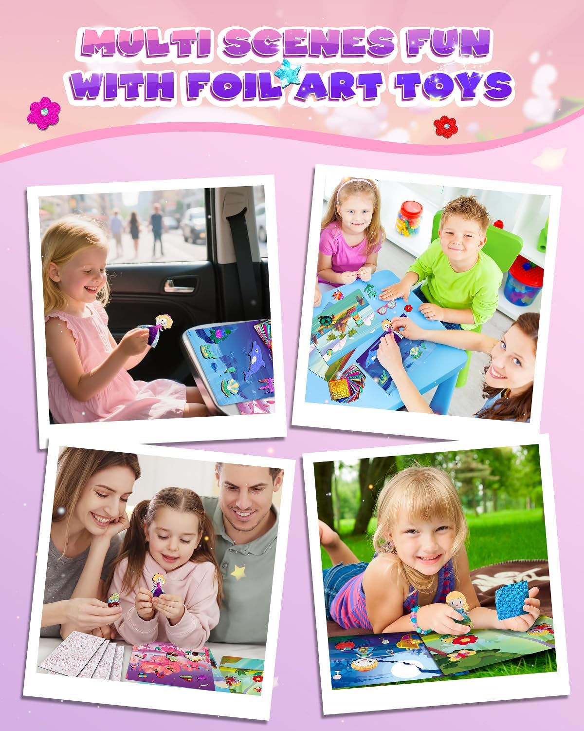 Baobrava Foil Art Fun Kit for Kids - DIY Toy Unicorn Princess Foil Art Craft Activity for Kids, Foam Stickers Fun Craft Kits & Supplies, Creative Christmas Birthday Gifts Travel Toys for 4 and Up