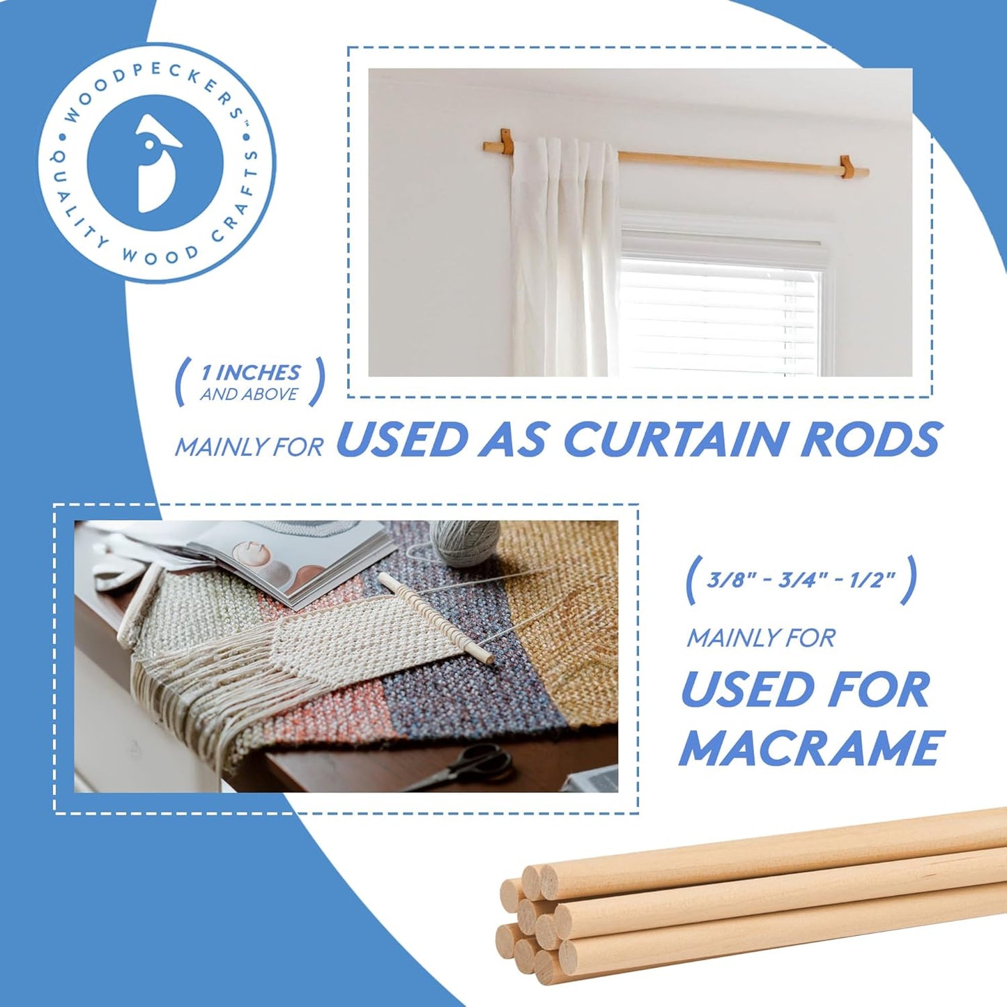 Dowel Rods Wood Sticks Wooden Dowel Rods - 5/16 x 18 Inch Unfinished Hardwood Sticks - for Crafts and DIYers - 50 Pieces by Woodpeckers