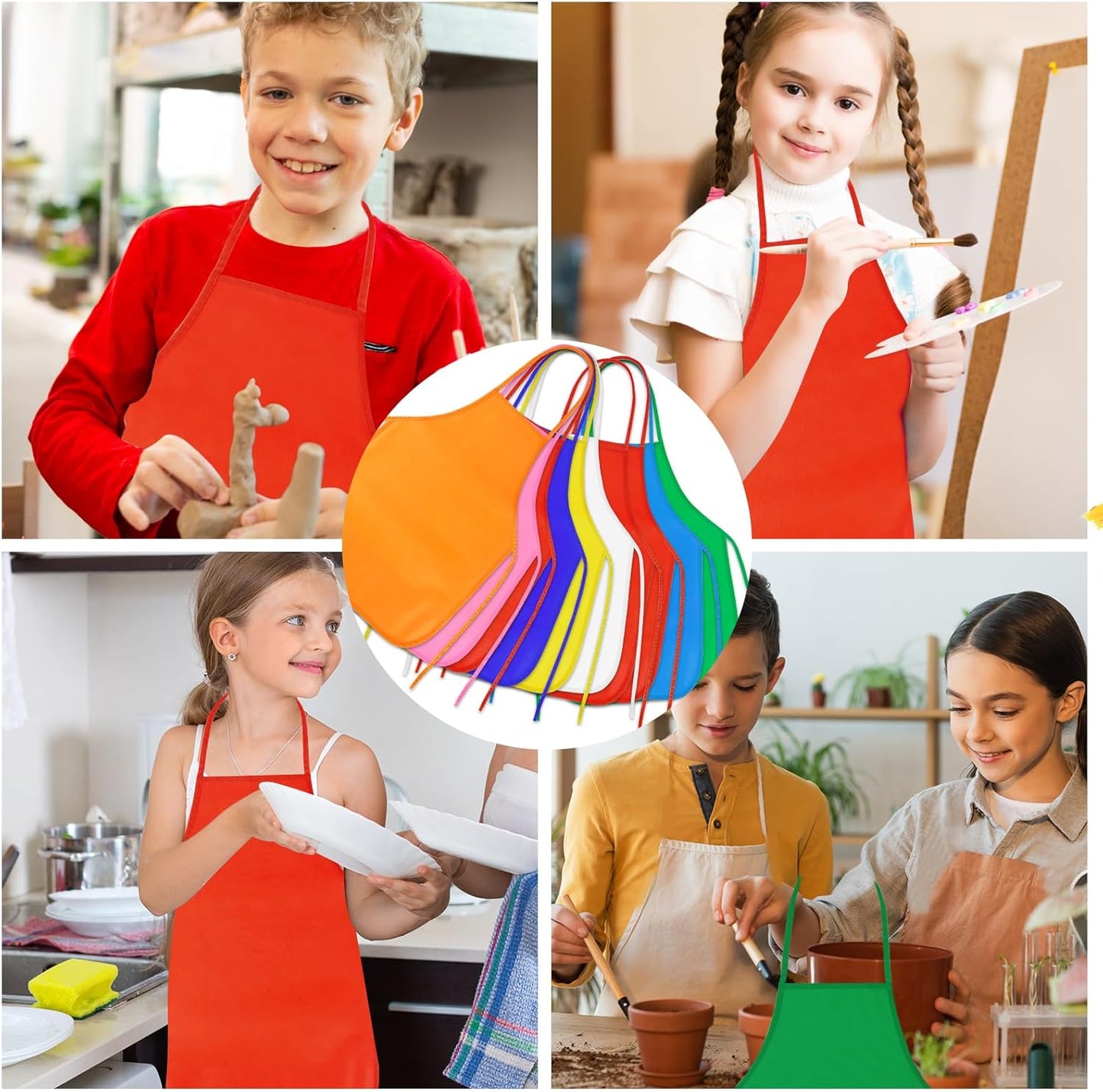 PLULON 15 Pcs Kids Apron Painting Aprons, Kids Aprons for Painting Red Apron Art Apron Smocks Bulk for Art Activity Craft Home Kitchen Classroom Party Supplies