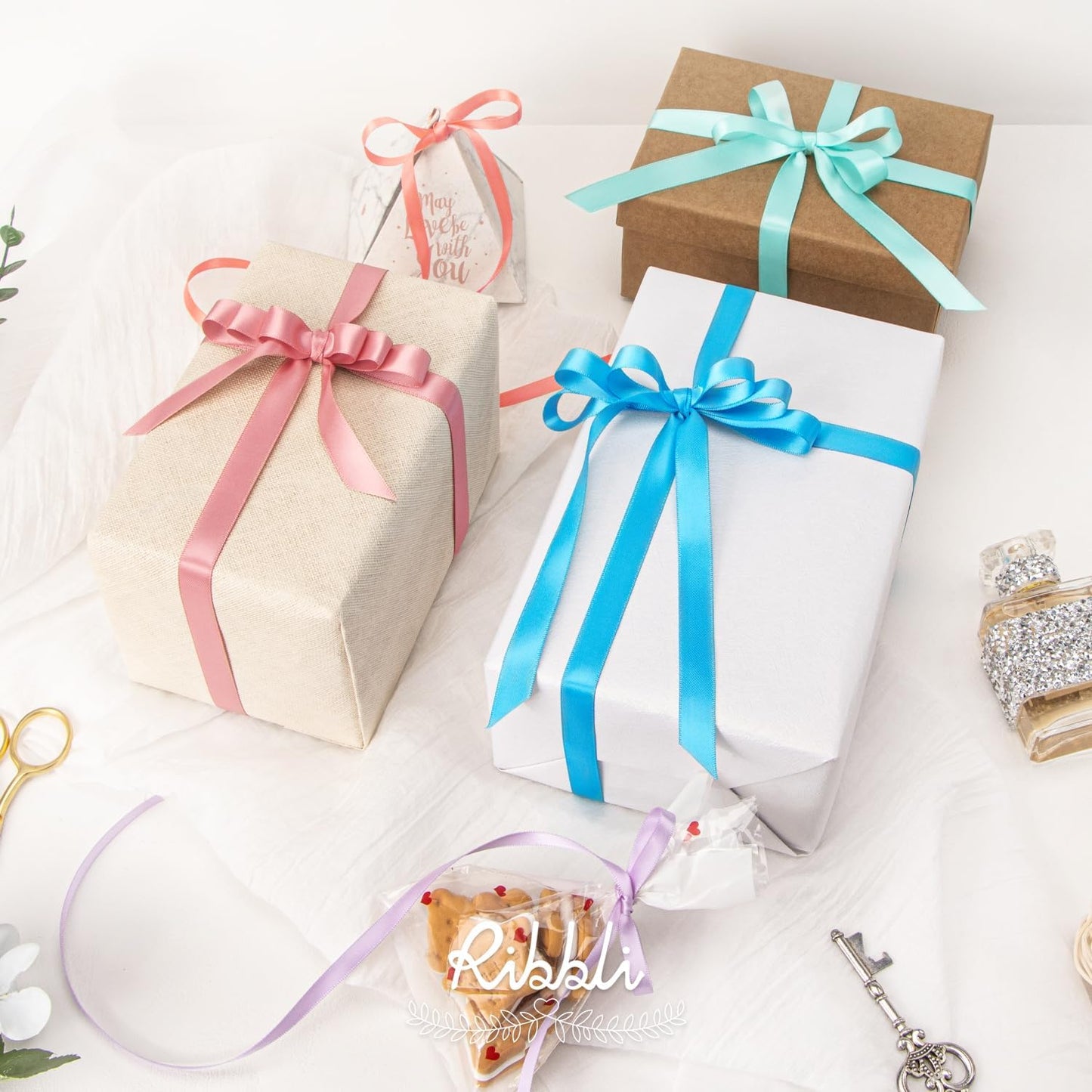 Ribbli Rose Gold Satin Ribbon,Double Faced Satin 1/4 inch x Continuous 50 Yards,Rose Gold Ribbon Use for Bows Bouquet,Gift Wrapping,Wedding Decoration,Floral Arrangement