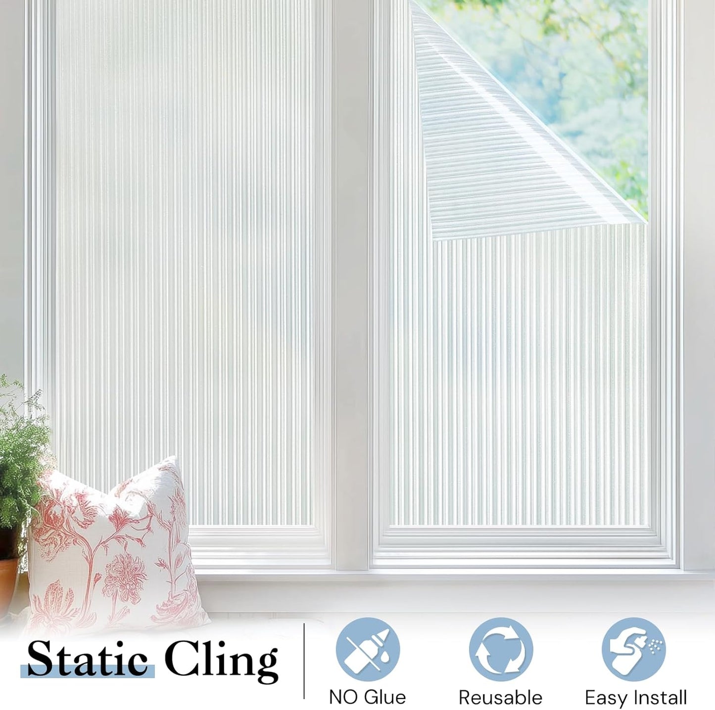 Haton Reeded Glass Window Privacy Film, Frosted Glass Window Film, Static Cling UV Blocking Stickers, Decorative Removable Cover for Bathroom Door Office, Non Adhesive 35.4" x 118.1"
