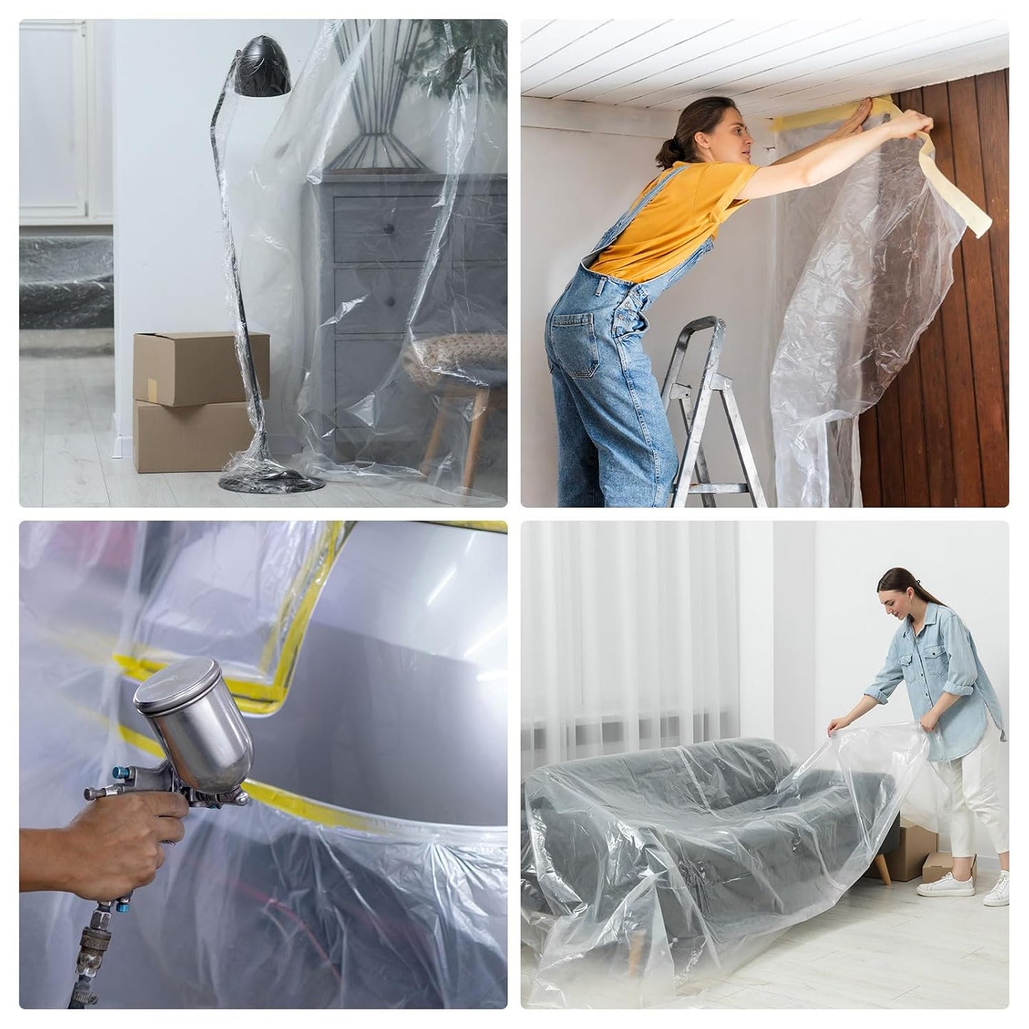 HARFINGTON 3 Rolls Pre-Taped Masking Film 177.2" x32.8ft Double Adhesive Tape and Drape Painters Plastic Drop Cloth Film with Tape Plastic Sheeting for Automotive Painting Covering