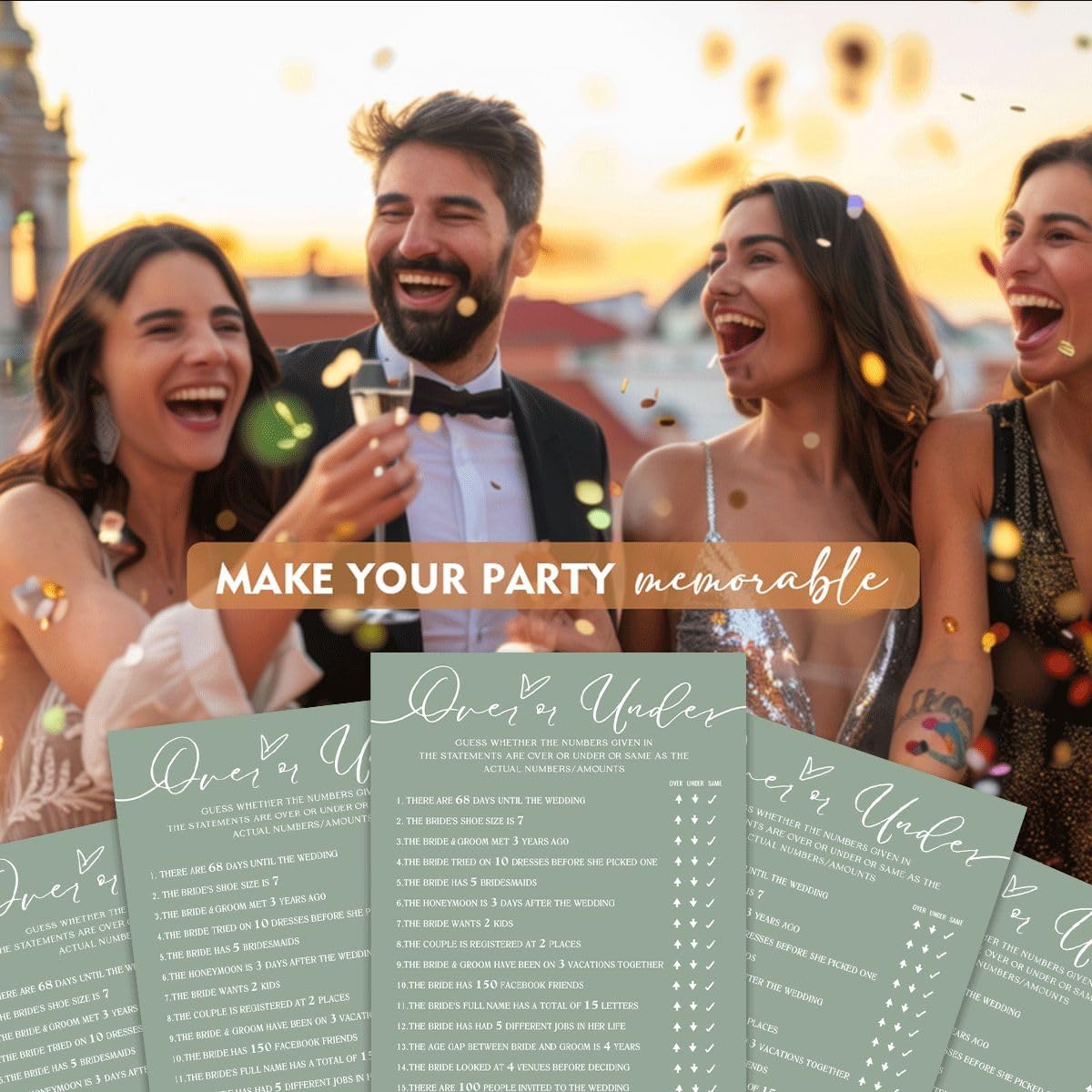 Bridal Shower Games Cards, Guess Over or Under, 25 Guests, Engagement Party Wedding Games, Minimalist Green Wedding Party Supplies - C13, Blue