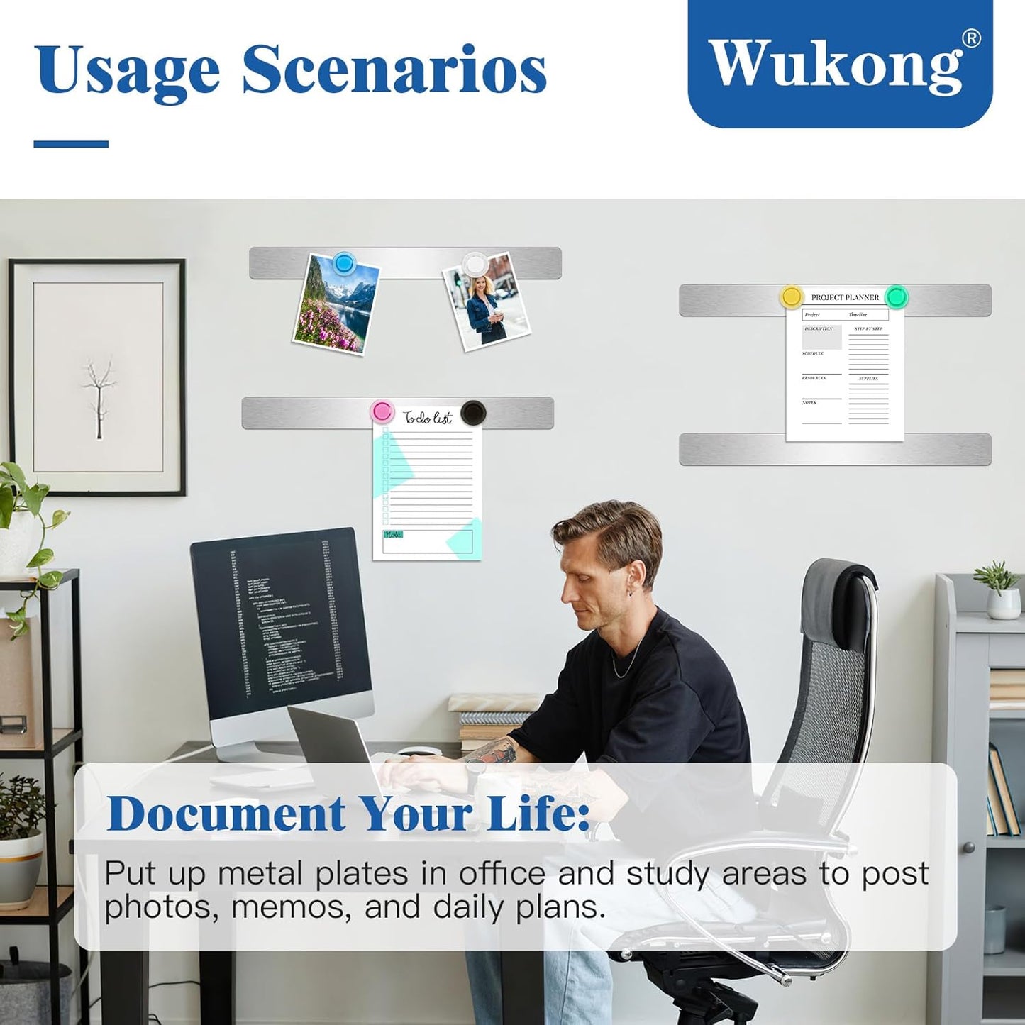 Wukong 8 Pack | 30x3cm(11.81 x 1.18) Magnetic Stainless Silver Boards Strips, Adhesive Backing Bulletin Bar Board, Memo Board with 32Pcs Colorful Magnets for Office, Home, Photo Wall, Documents