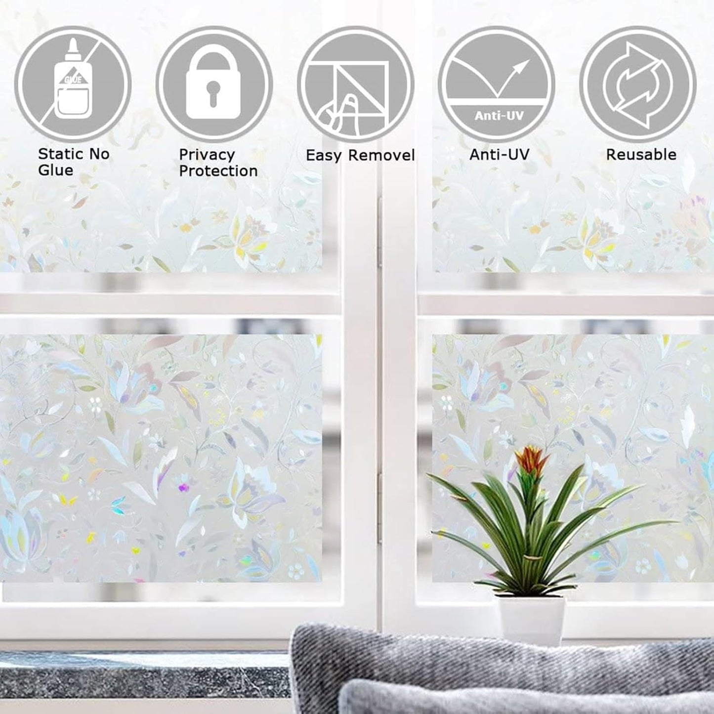 LEMON CLOUD Window Film, Decorative Window Privacy Film, 3D Stained Glass Window Sticker,Anti-UV Sun Blocker Heat Control for Home(Rainbow Tulip Design,35.4 x 118.1 inches)