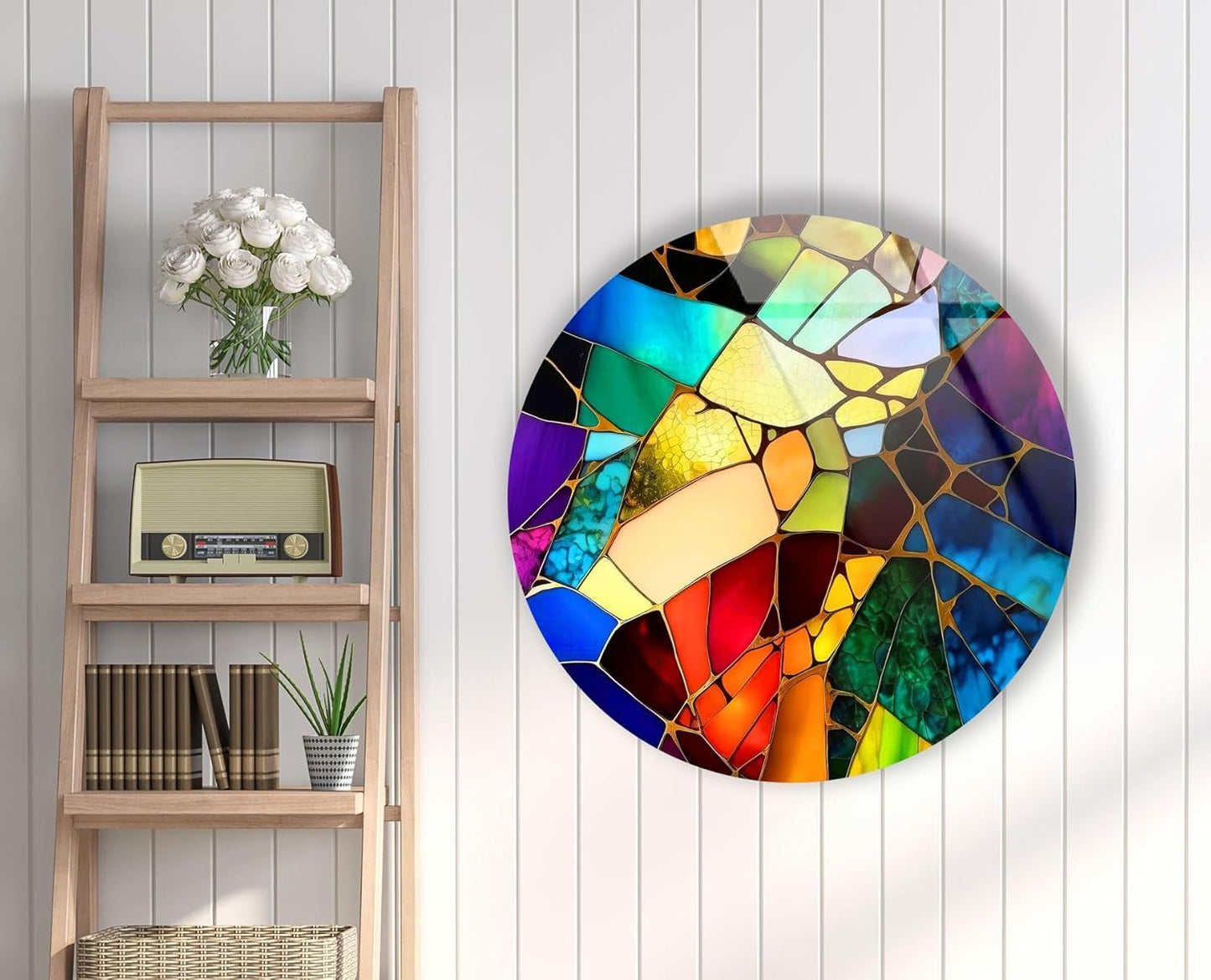 My Photostation.com 31.5''(80cm) Diameter Multicolor Round Stained Glass Wall Art Vibrant Mosaic Abstract Panel Tempered Glass Printing Wall Decor Large Wall Art Wall Hangings