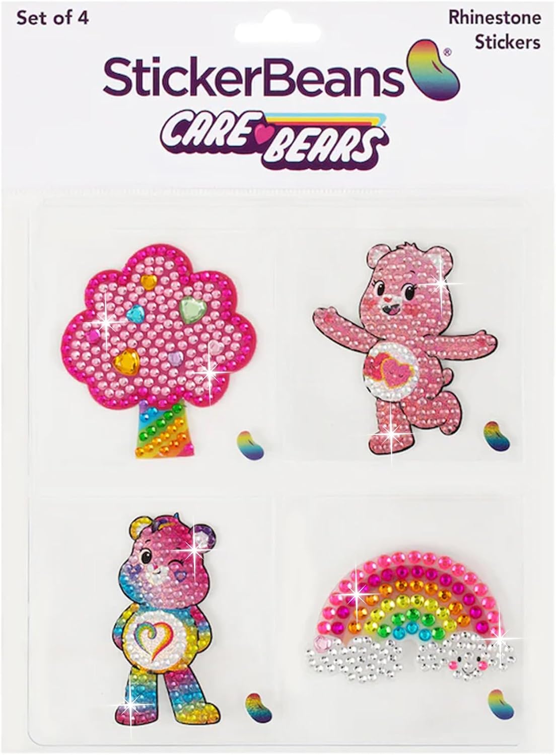 StickerBeans® Rhinestone Stickers – Care Bears 4-Pack, 2” x 2” Each, Unique Sparkly Cut-to-Shape for Collecting, Trading, Decorating Laptops, Phone Cases, Scrapbooks, for Kids, Teens, & Adults