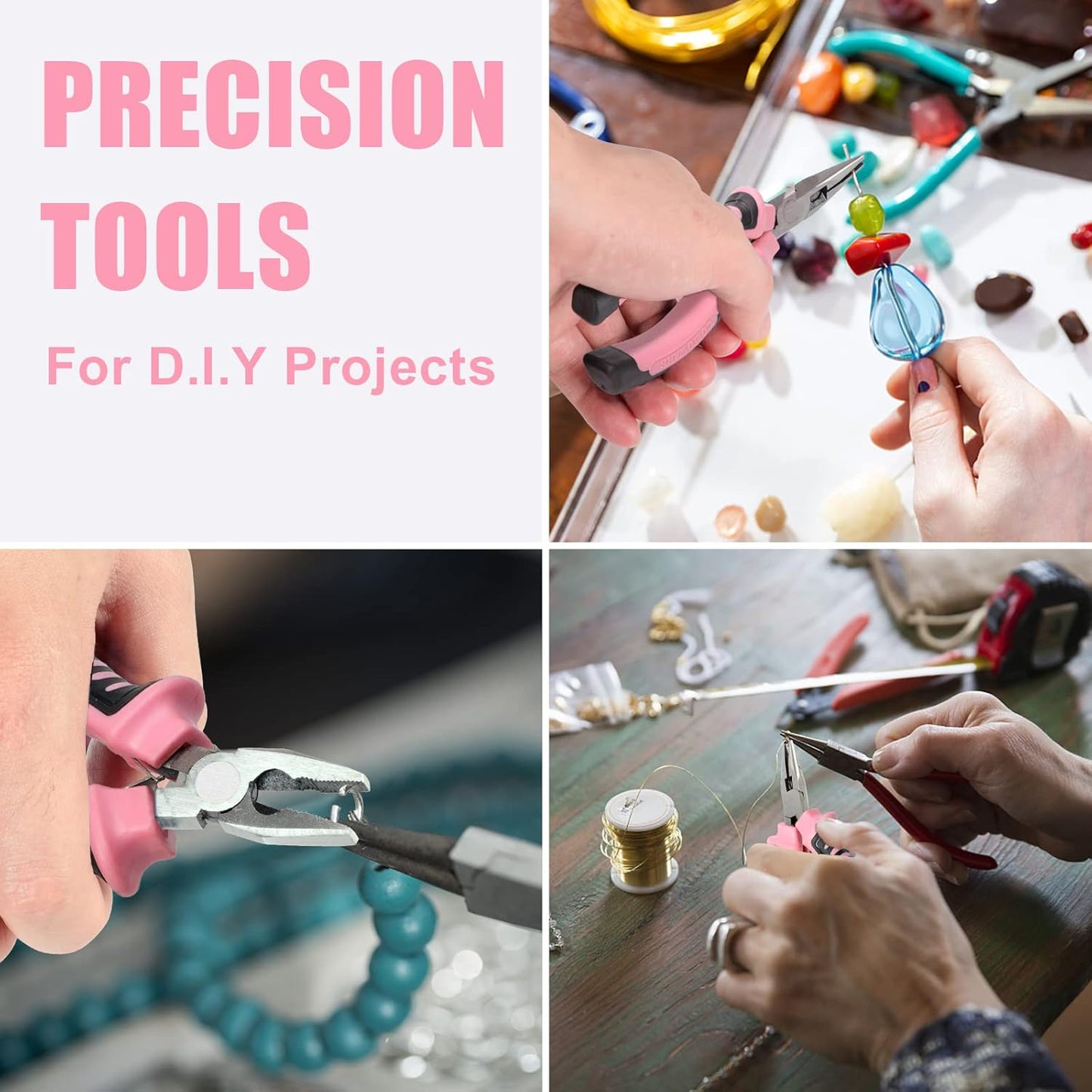 COMOWARE 6-Piece Mini Pliers Set, Needle Nose, Long Nose, Bent Nose, Diagonal, End Cutting and Linesman, for Crafts Work, Electronic Repair, with Pink Pouch