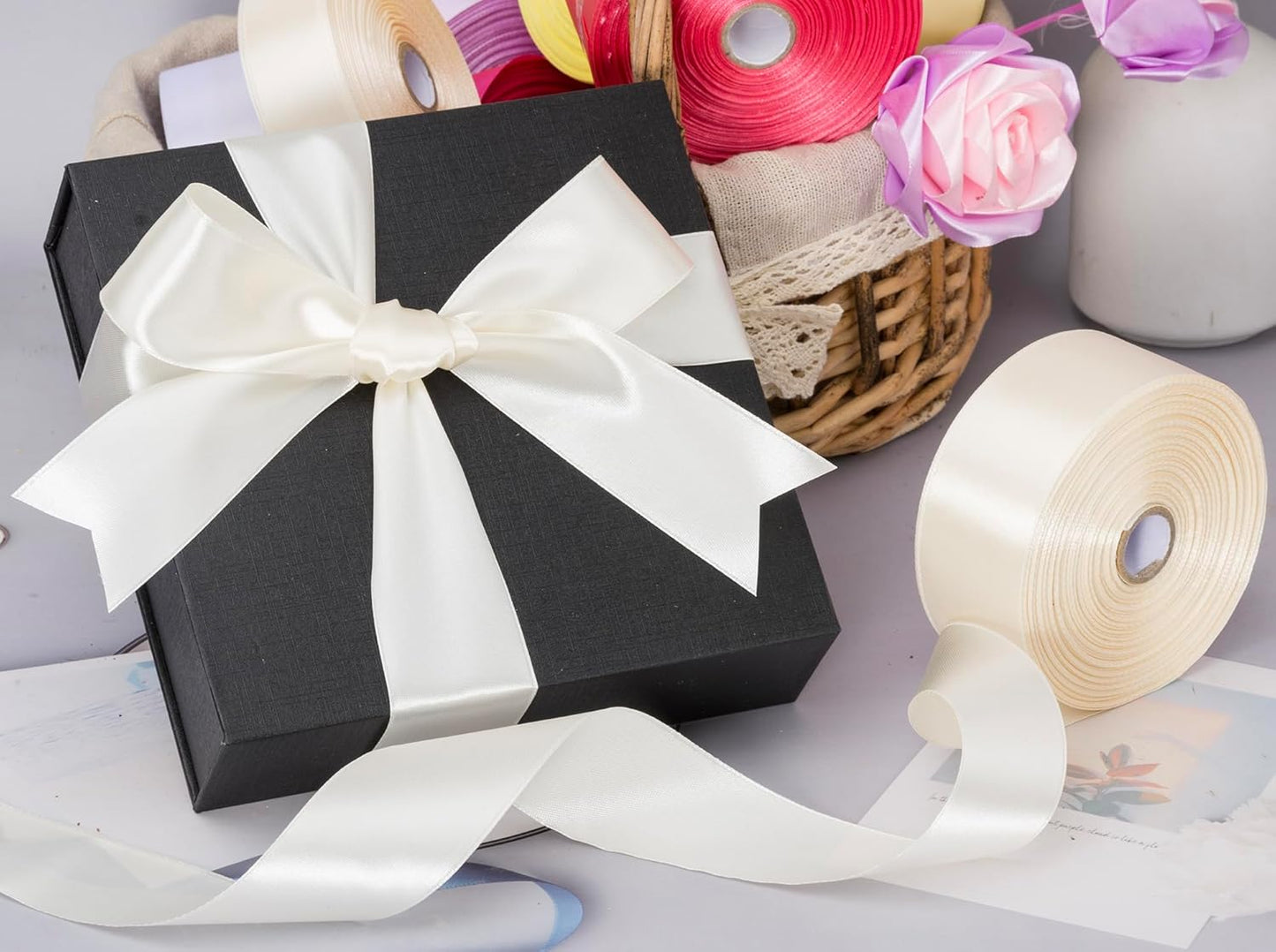 1 1/2 Inch Ivory Solid Satin Ribbon, 50 Yards Craft Fabric Ribbon for Gift Wrapping Floral Bouquets Wedding Party Decoration