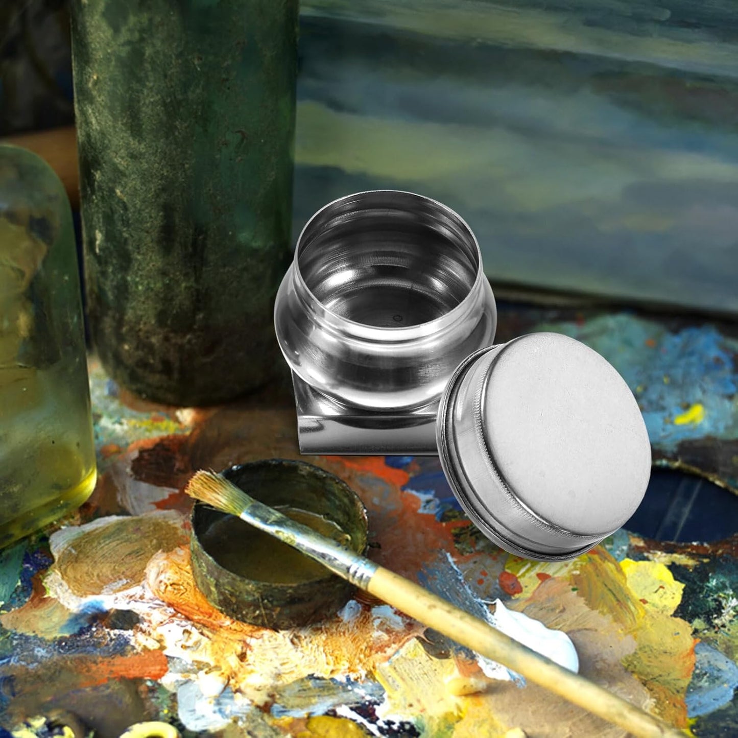 SEWACC 2pcs Stainless Steel Brush Cleaning Pot Lid Mouth Palette Cup for Oil Painting and Sturdy Dipper Container for Home Schools and Training Centers